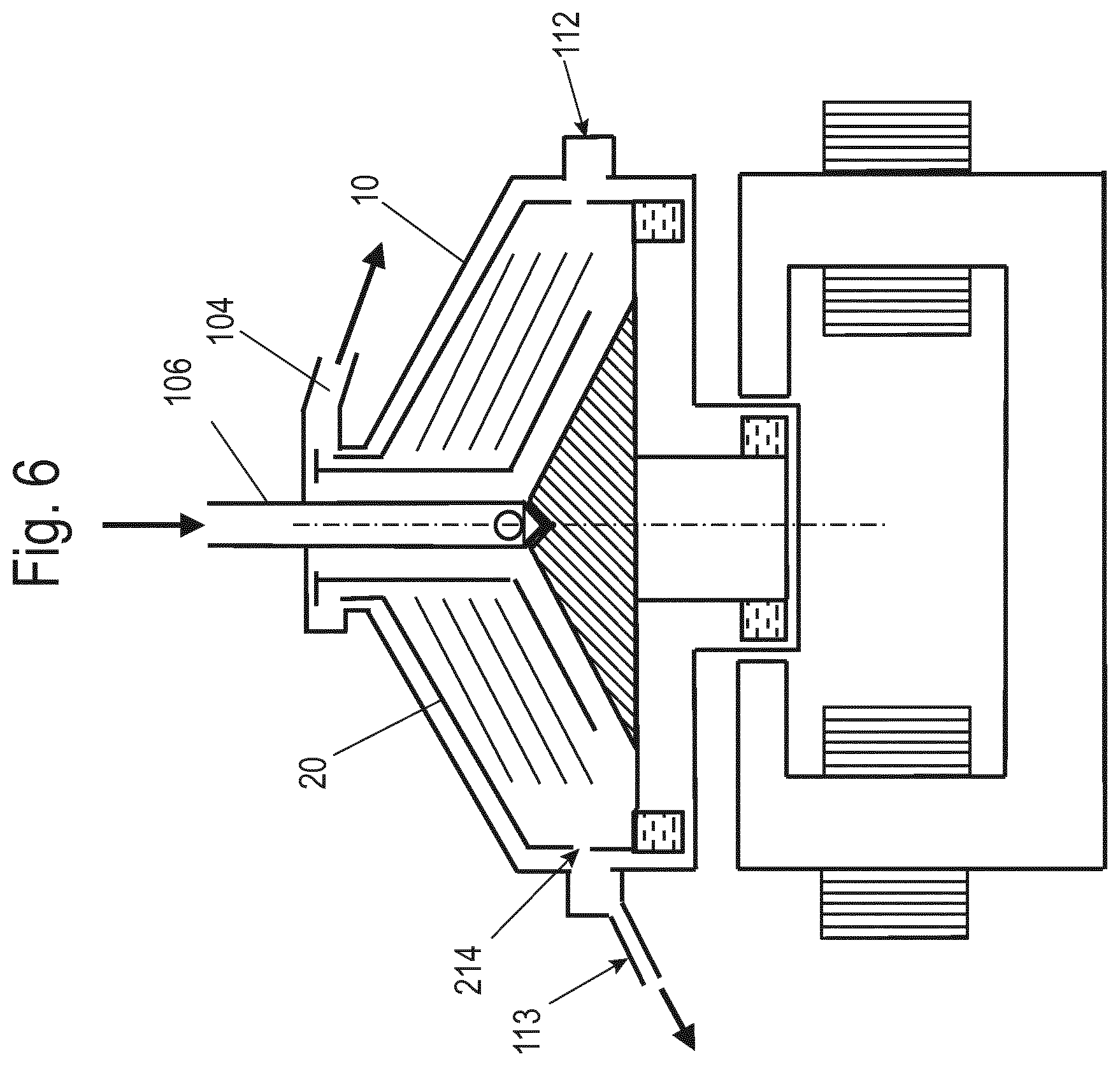 Patent US12303918 Figure 6 – Separator for separating a flowable suspension into two flowable phases of different density