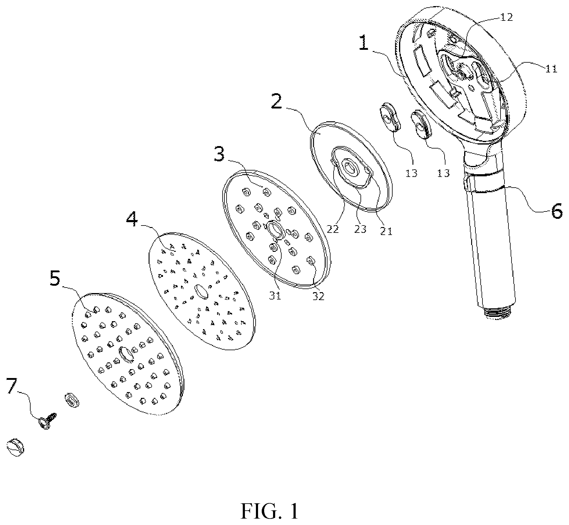 Patent US12303919 Figure 1 – Water outlet structure allowing a nozzle to generate different spray patterns and water outlet device using the same