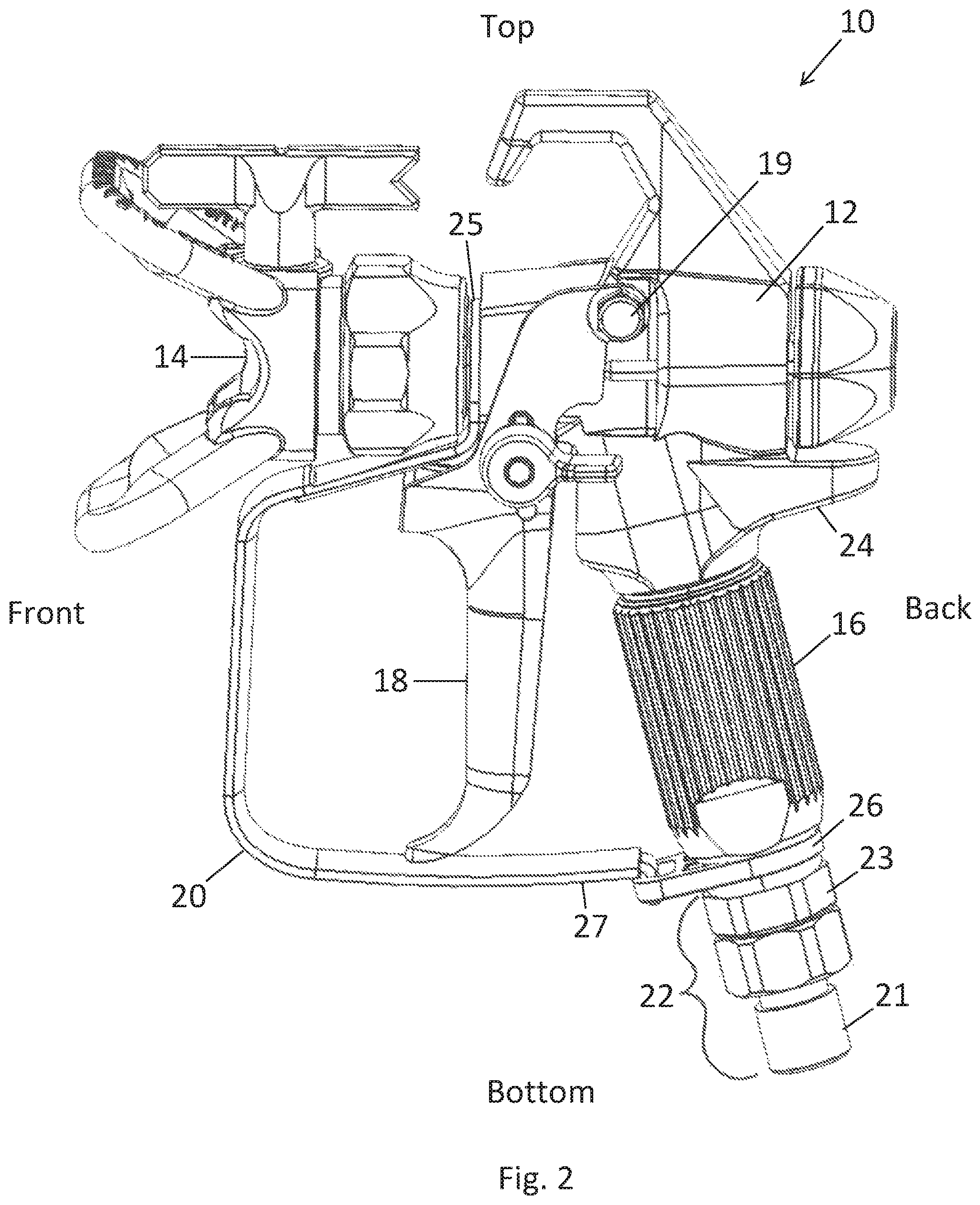 Patent US12303928 Figure 2 – Low profile airless spray gun for applying paints