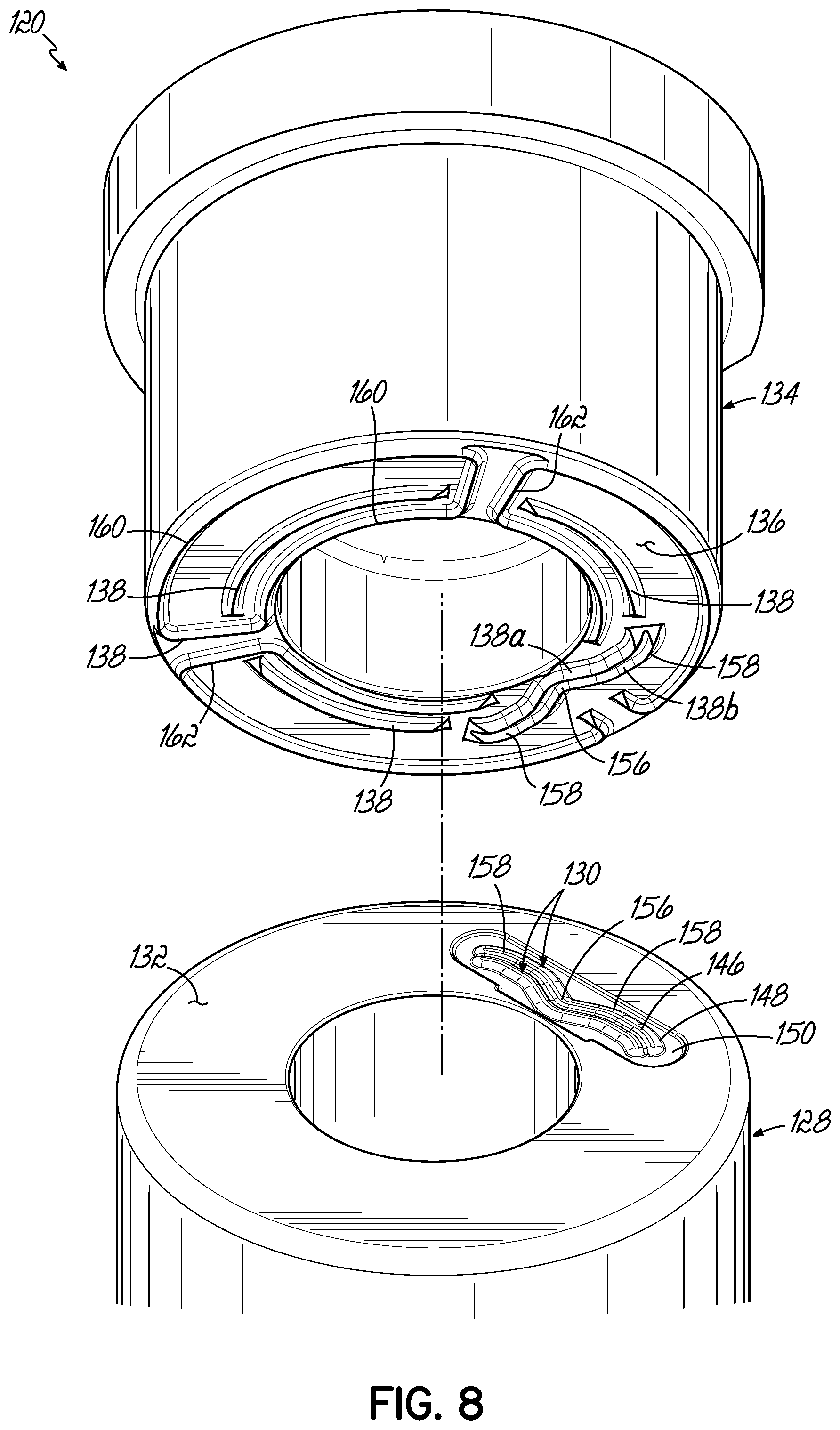 Patent US12303958 Figure 8 – Manufacturing tooling and methods for producing push button container closures