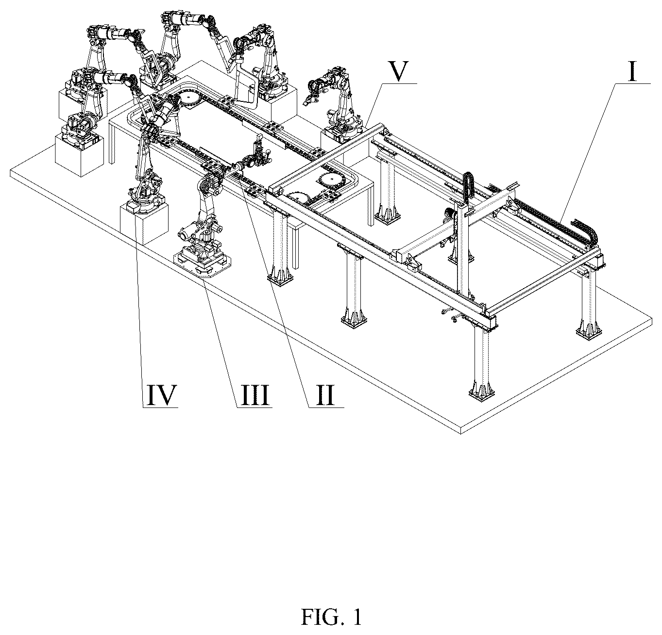Patent US12304010 Figure 1 – Production line for welding automotive rear floor panel and method thereof