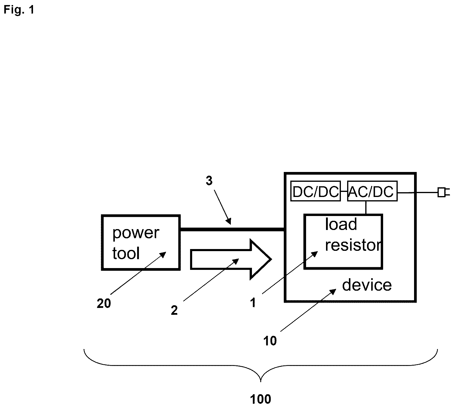 Patent US12304050 Figure 1 – Device for supplying a power tool with electrical energy, as well as the use of a load resistor for absorbing and/or converting electrical energy, system and operating method