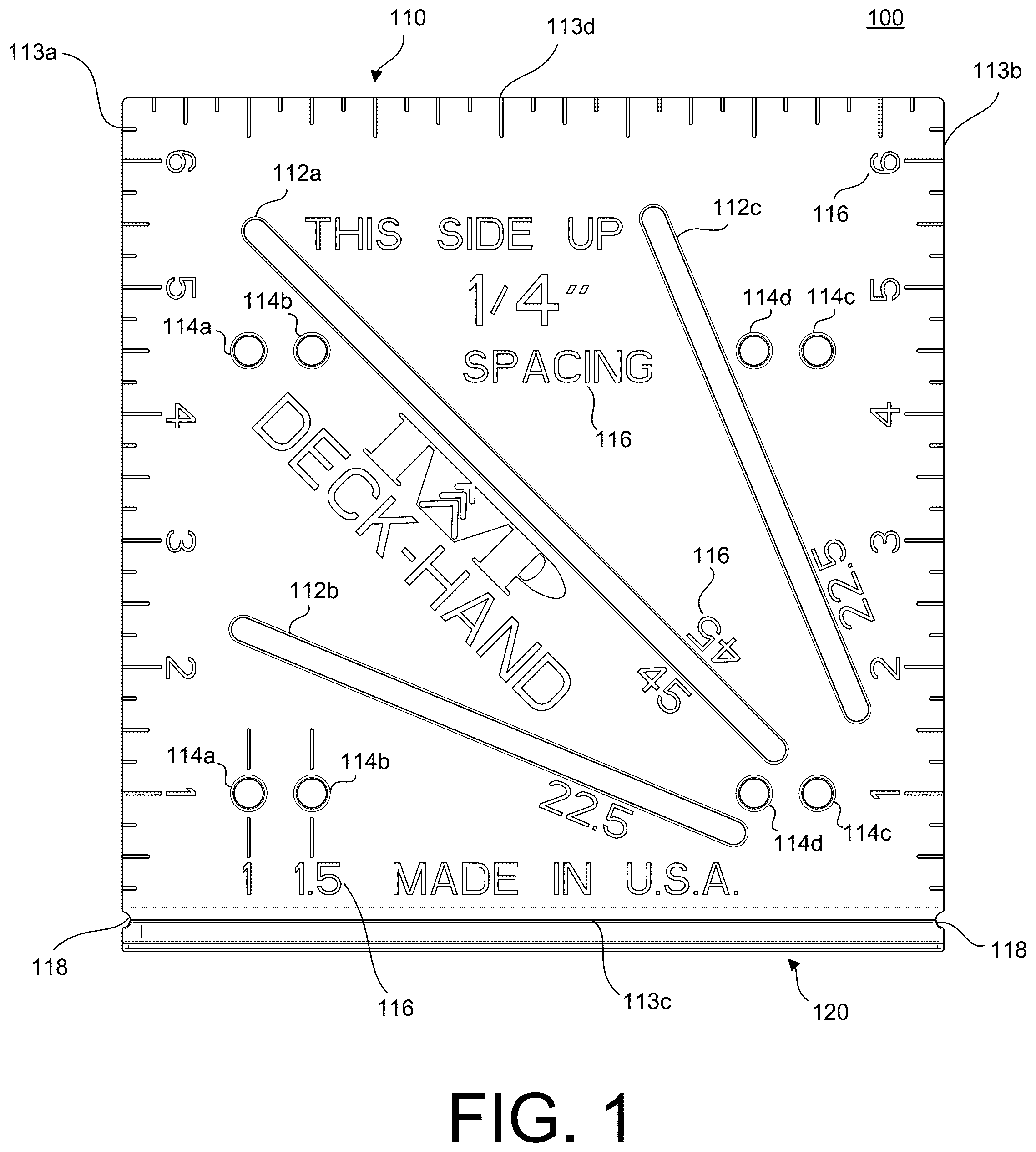 Patent US12304105 Figure 1 – Template and spacing tool for deck construction