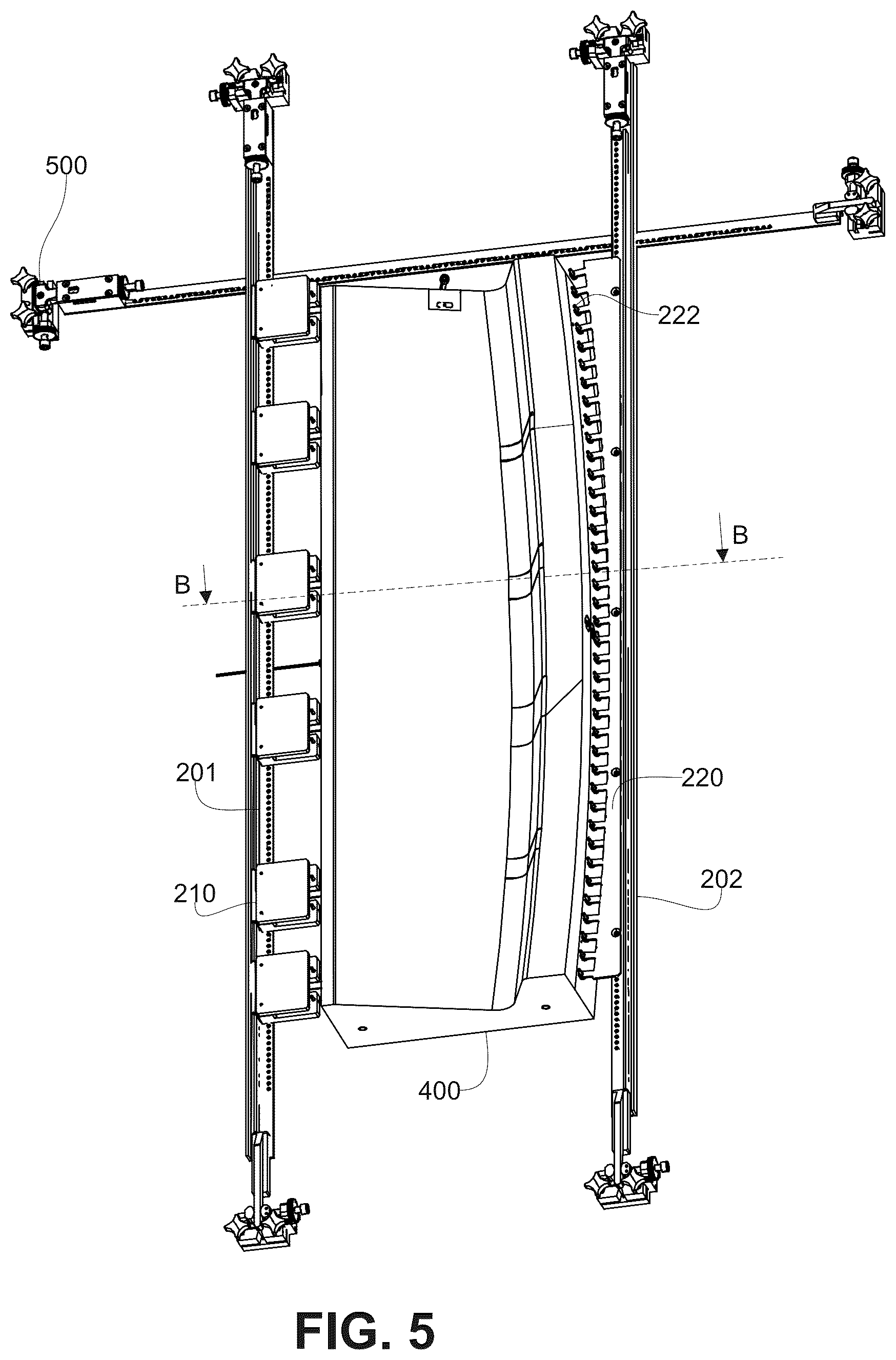 Patent US12304163 Figure 5 – System for stamping a thick thermoplastic composite blank