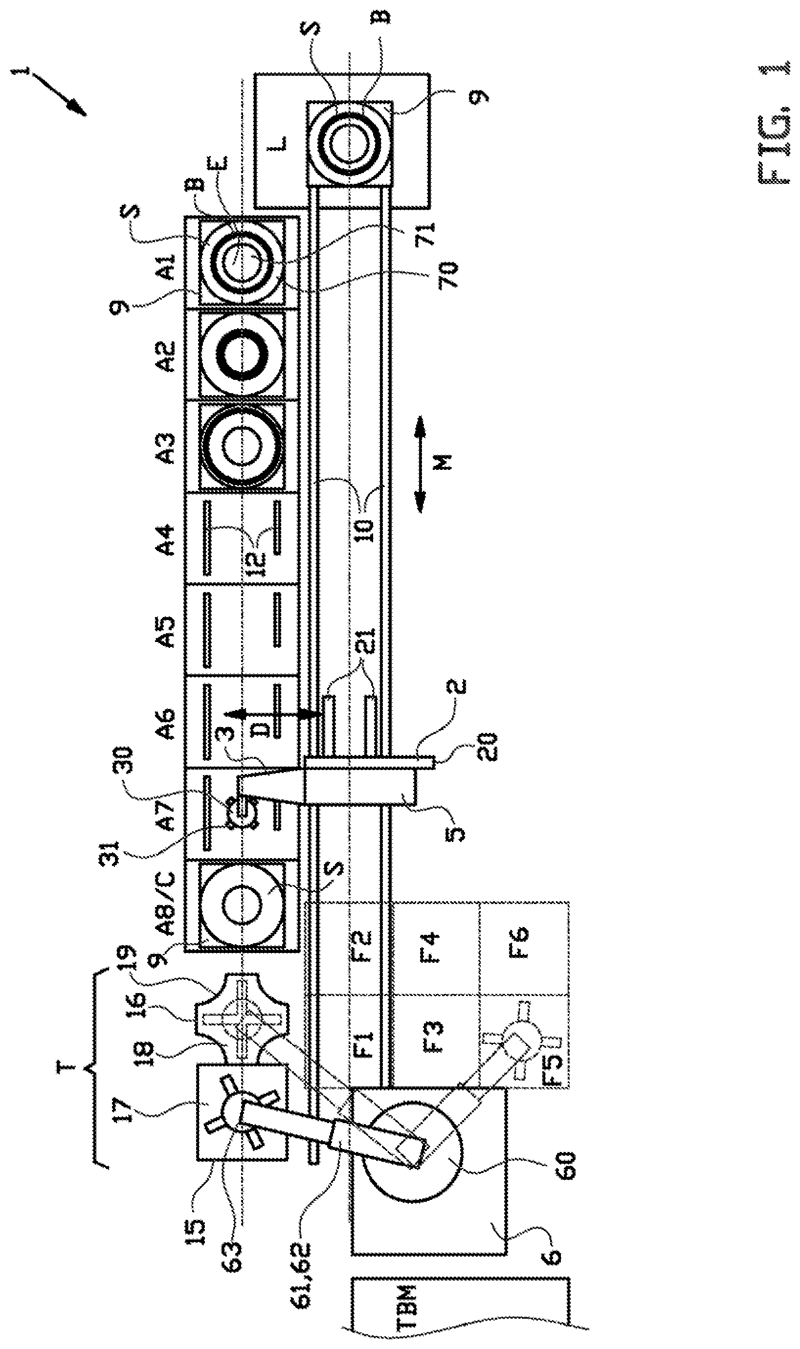 Patent US12304165 Figure 1 – Spacer gripper, bead-apex storage system and method for handling a plurality of stacks with bead-apexes and spacers