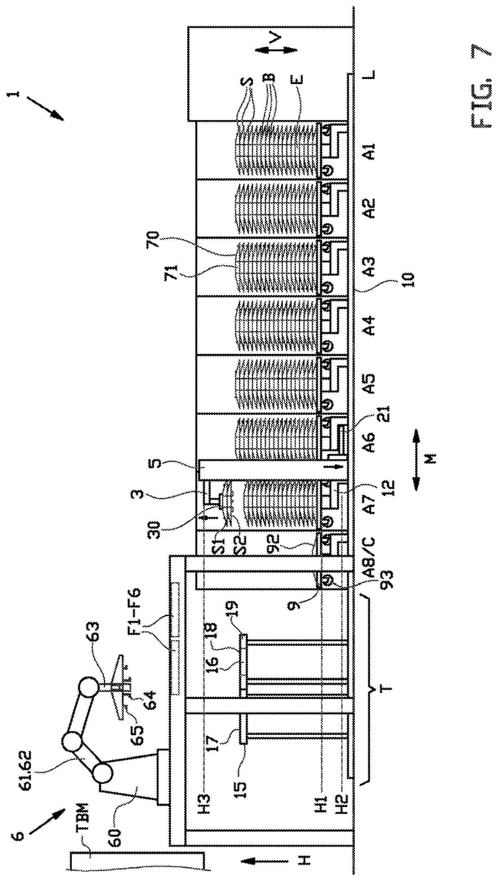 Patent US12304165 Figure 7 – Spacer gripper, bead-apex storage system and method for handling a plurality of stacks with bead-apexes and spacers