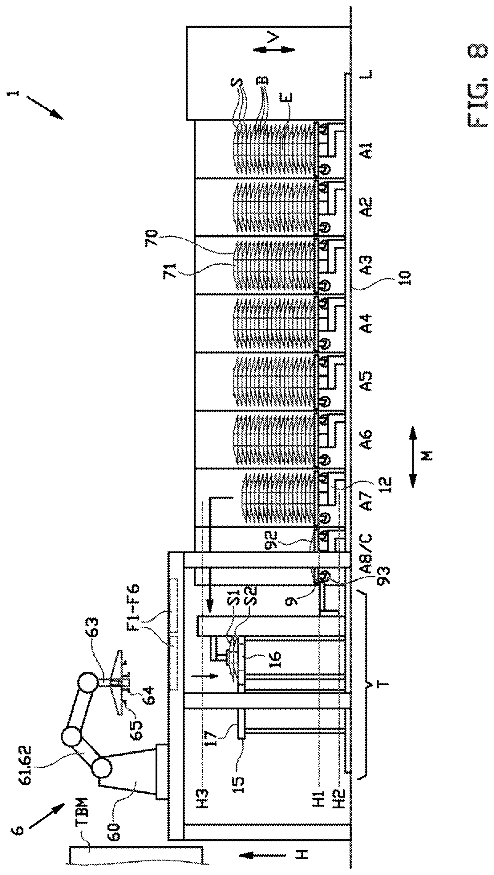 Patent US12304165 Figure 8 – Spacer gripper, bead-apex storage system and method for handling a plurality of stacks with bead-apexes and spacers