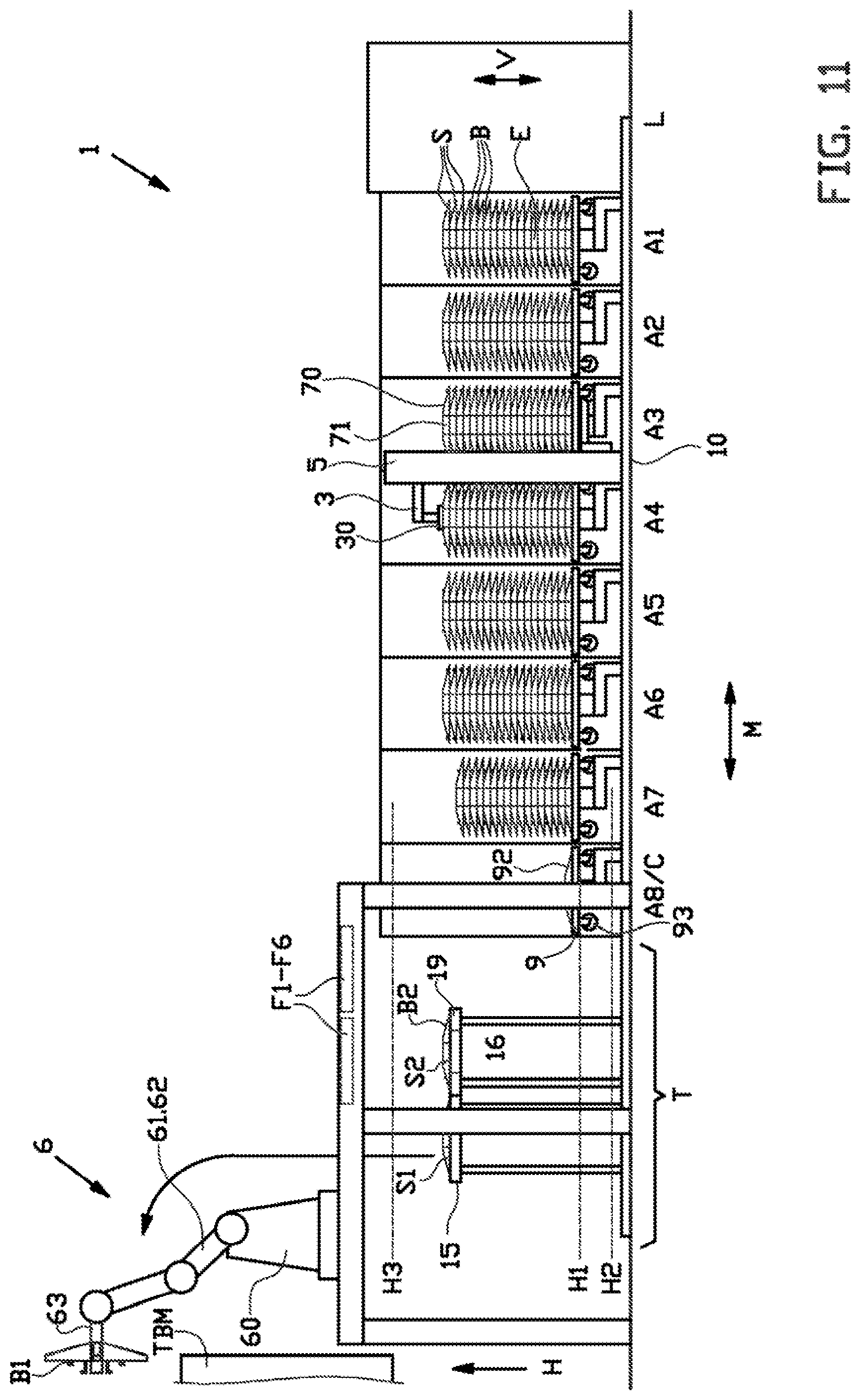 Patent US12304165 Figure 11 – Spacer gripper, bead-apex storage system and method for handling a plurality of stacks with bead-apexes and spacers