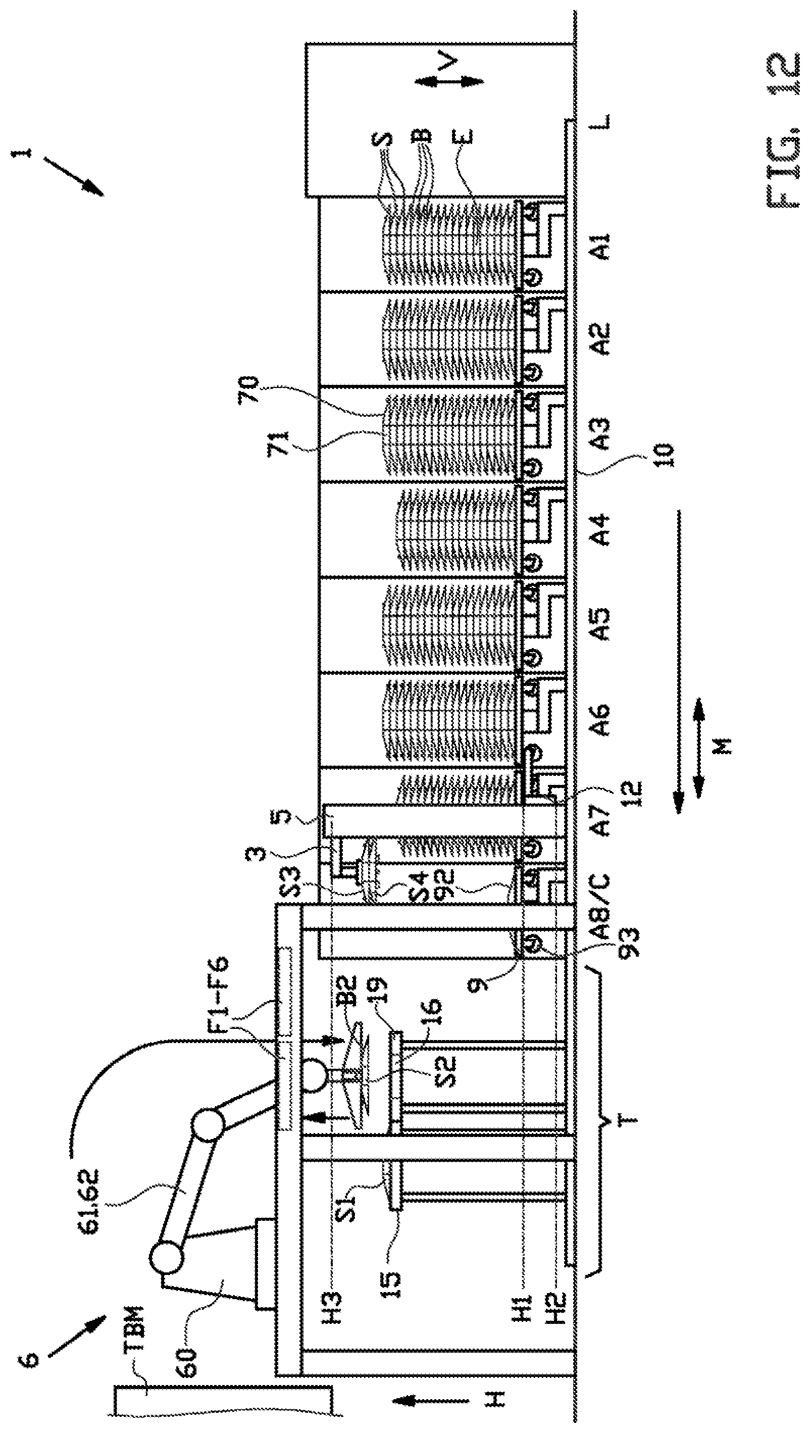 Patent US12304165 Figure 12 – Spacer gripper, bead-apex storage system and method for handling a plurality of stacks with bead-apexes and spacers