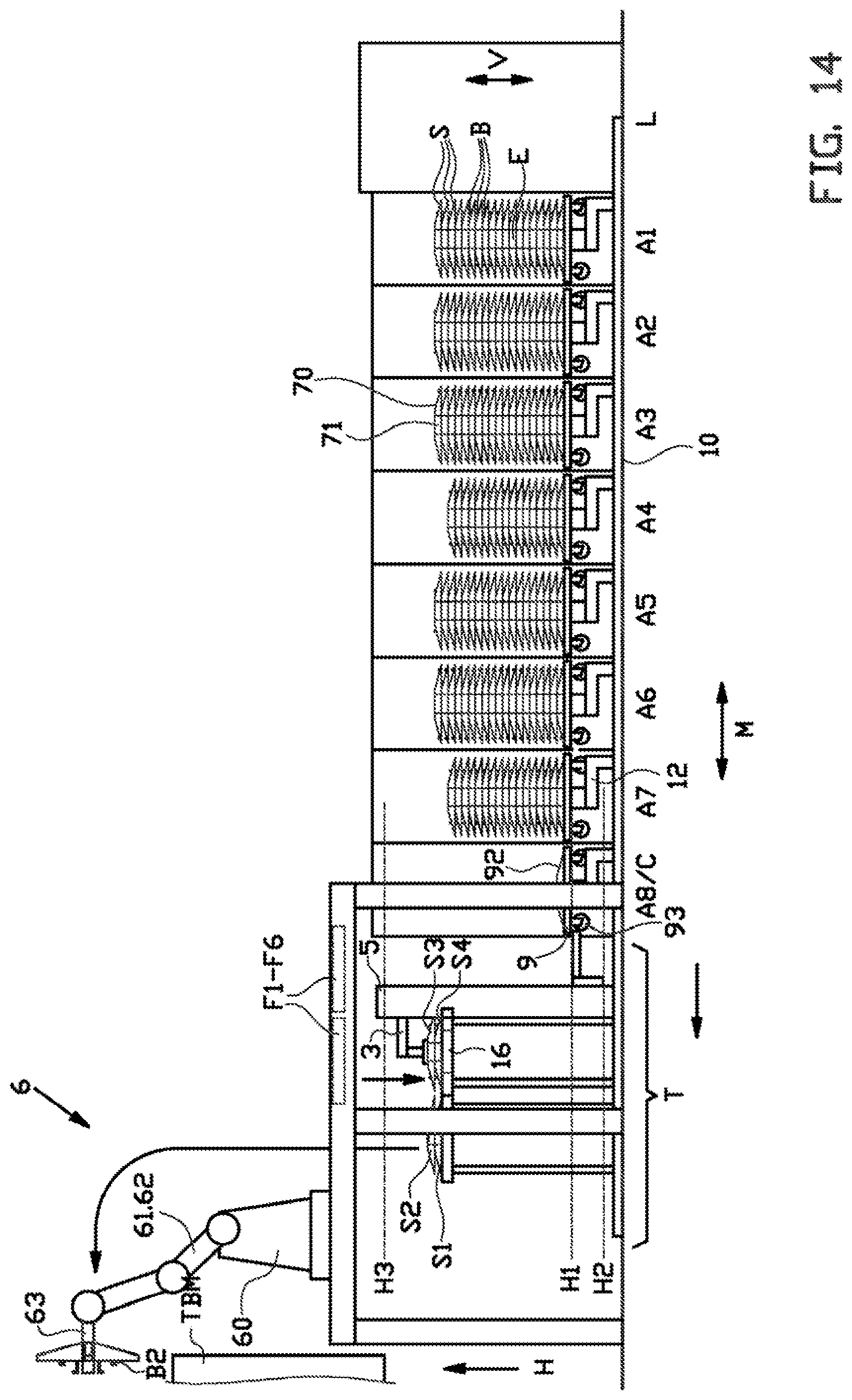 Patent US12304165 Figure 14 – Spacer gripper, bead-apex storage system and method for handling a plurality of stacks with bead-apexes and spacers
