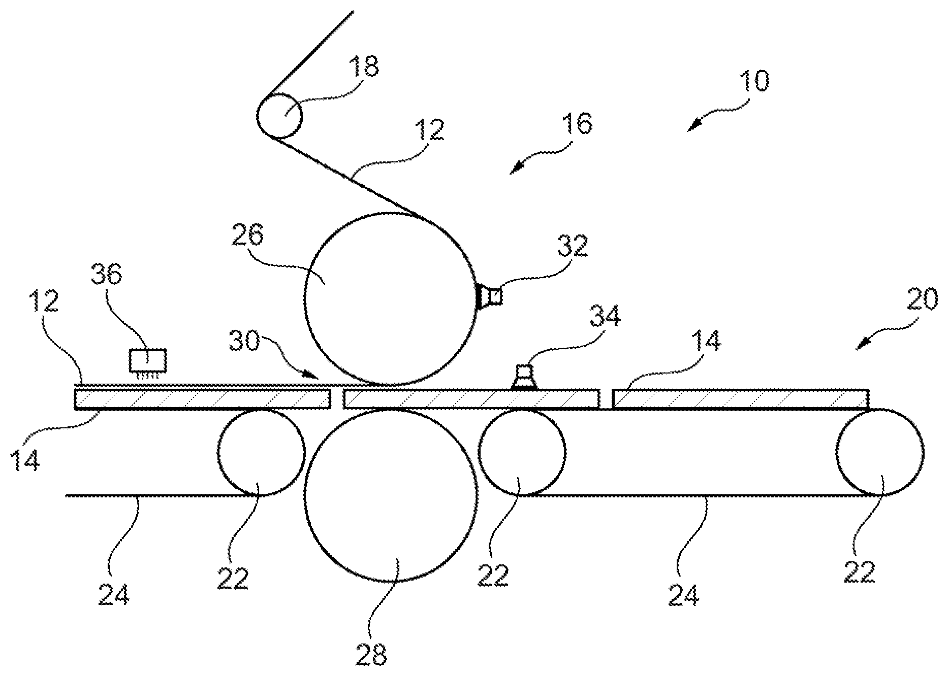 Patent US12304234 Figure 1 – Method for producing a decorative panel comprising the application of a film to a substrate by means of electrostatic charging