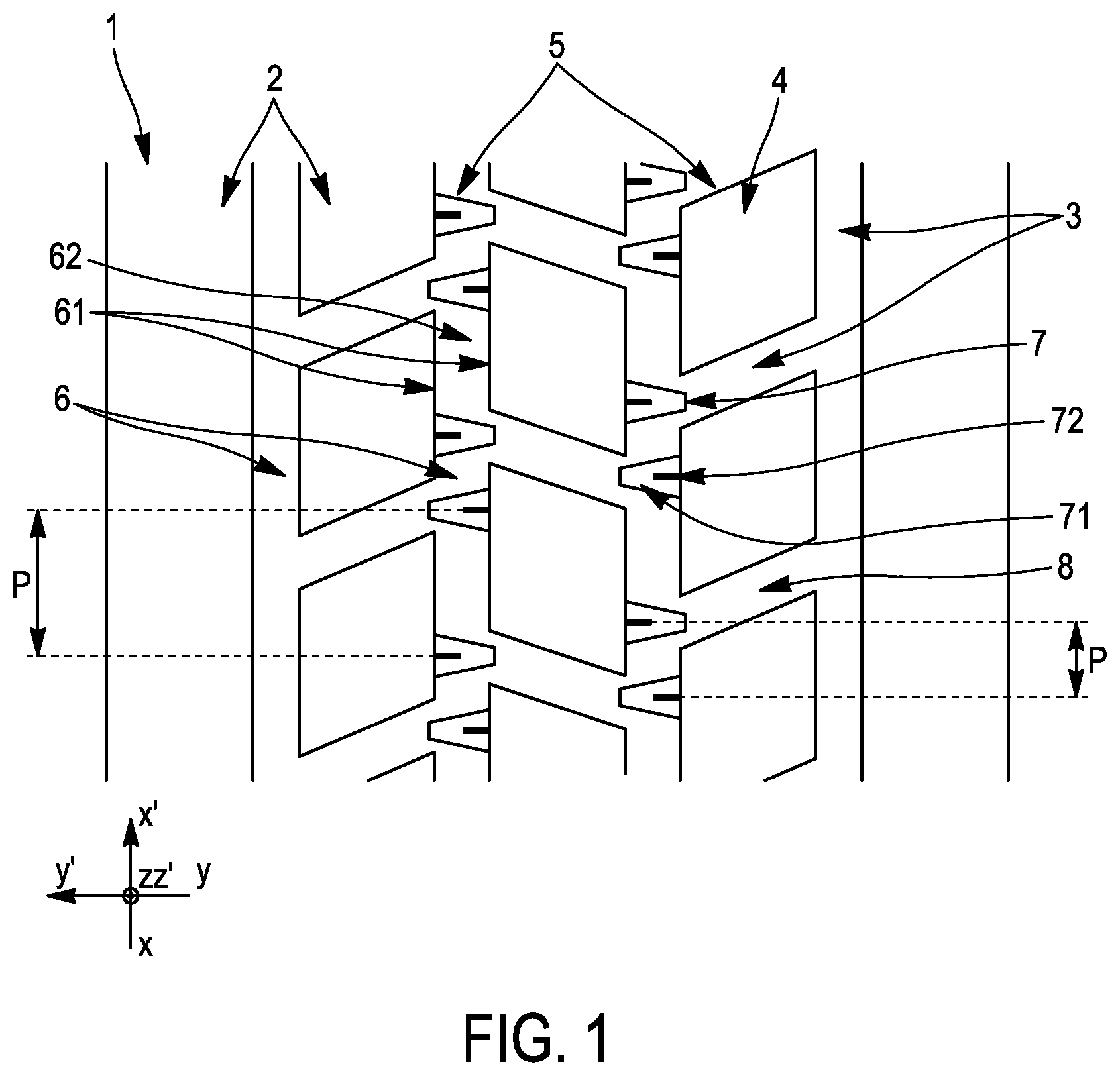 Patent US12304251 Figure 1 – Pneumatic tire tread for a heavy duty vehicle comprising stone-expelling and noise-preventing protuberances