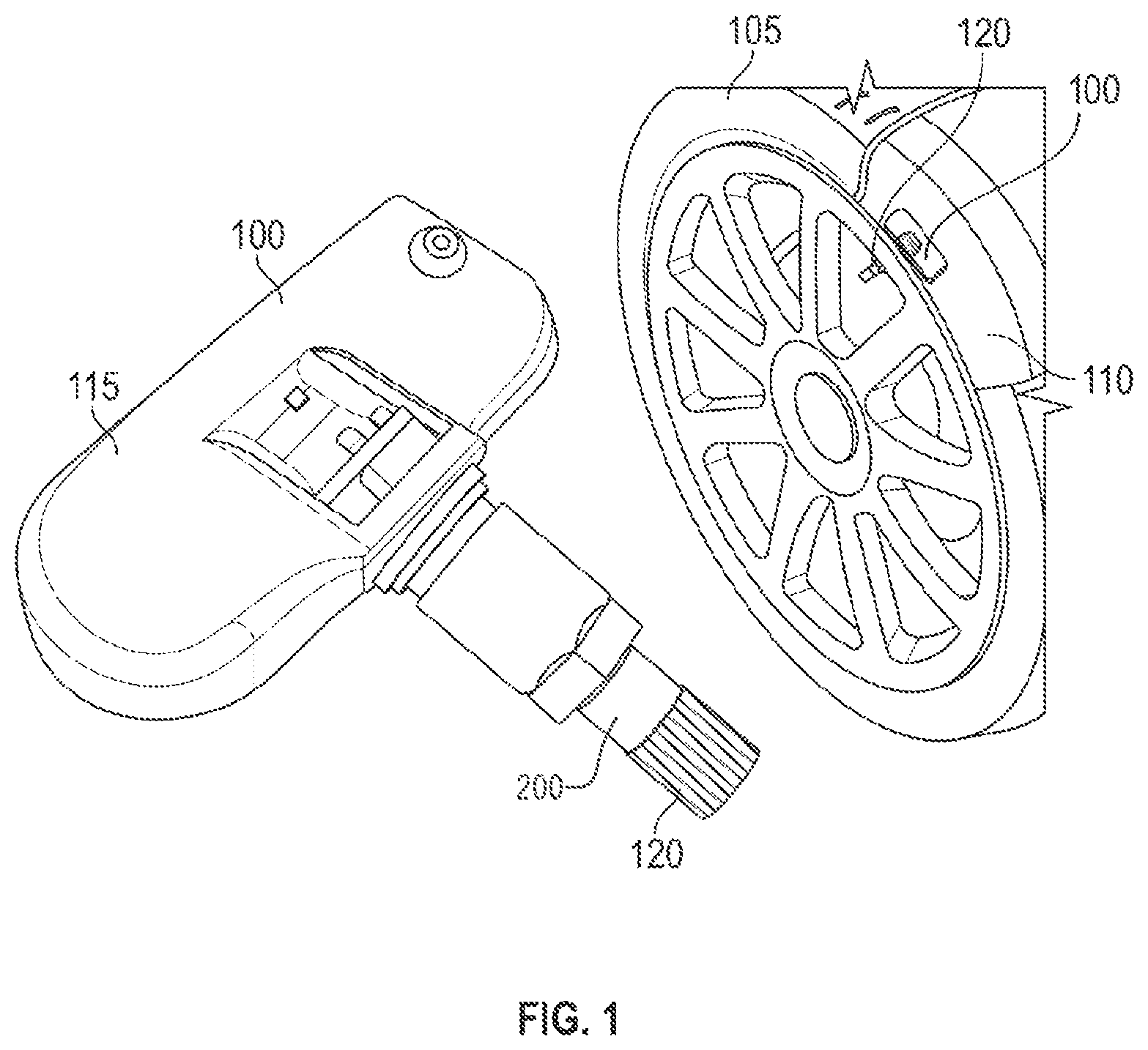 Patent US12304254 Figure 1 – Modular tire pressure monitoring system (TPMS) sensor with easily removable and replaceable battery