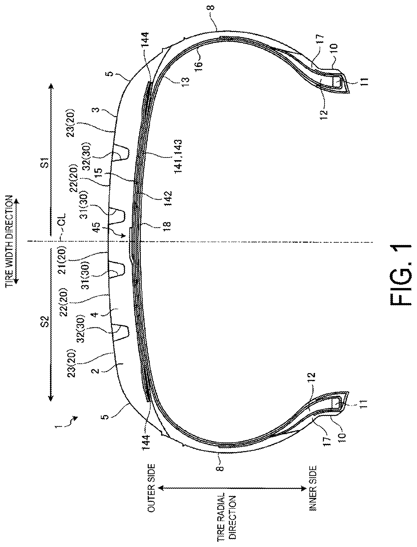 Patent US12304257 Figure 1 – Pneumatic tire and method for manufacturing pneumatic tire