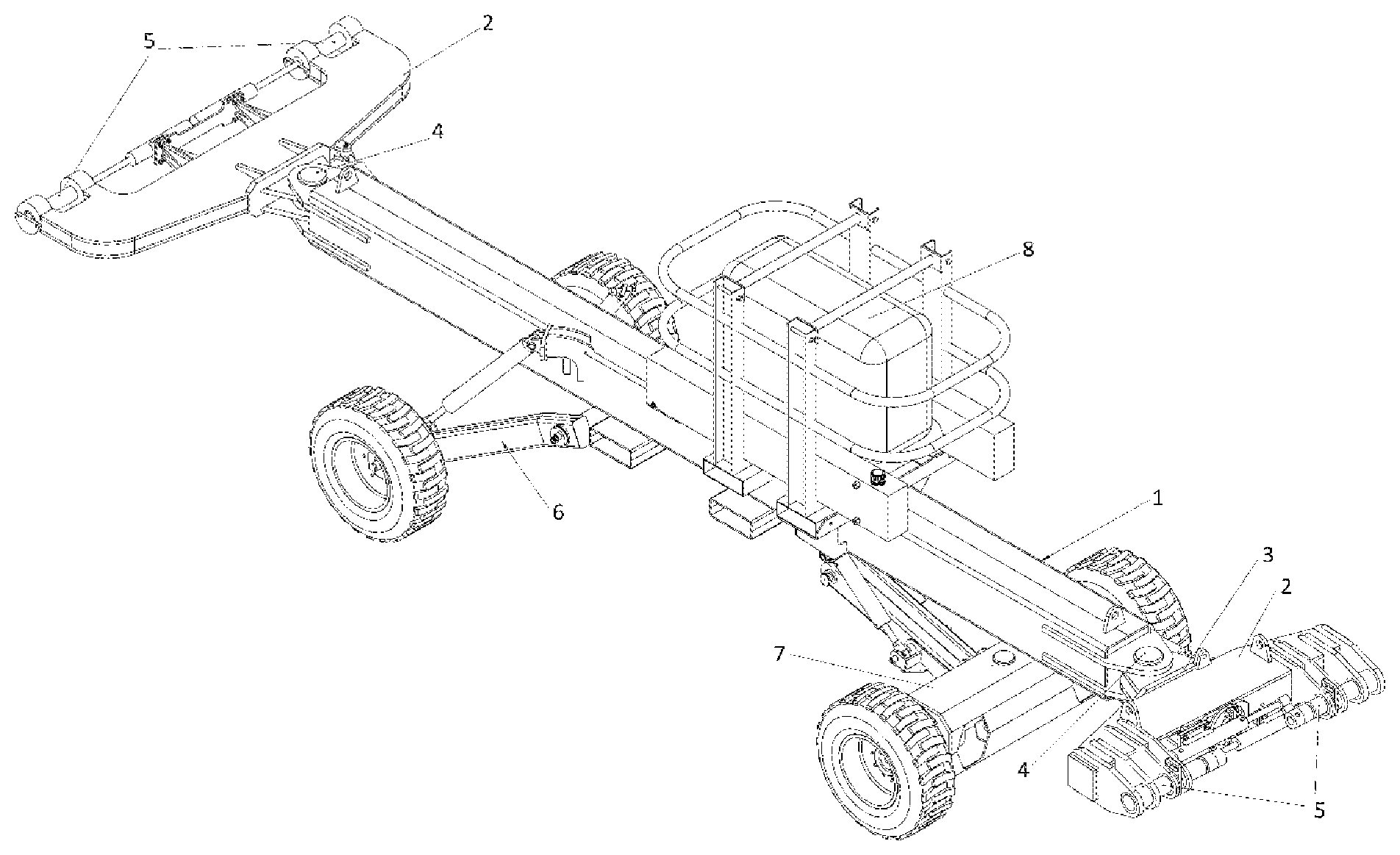 Patent US12304261 Figure 1 – Automated towing system comprising a central body formed by two anchoring yokes, one located at each end of said body, a rear wheel assembly and a front wheel assembly for the movement thereof, and a hydraulic power pack