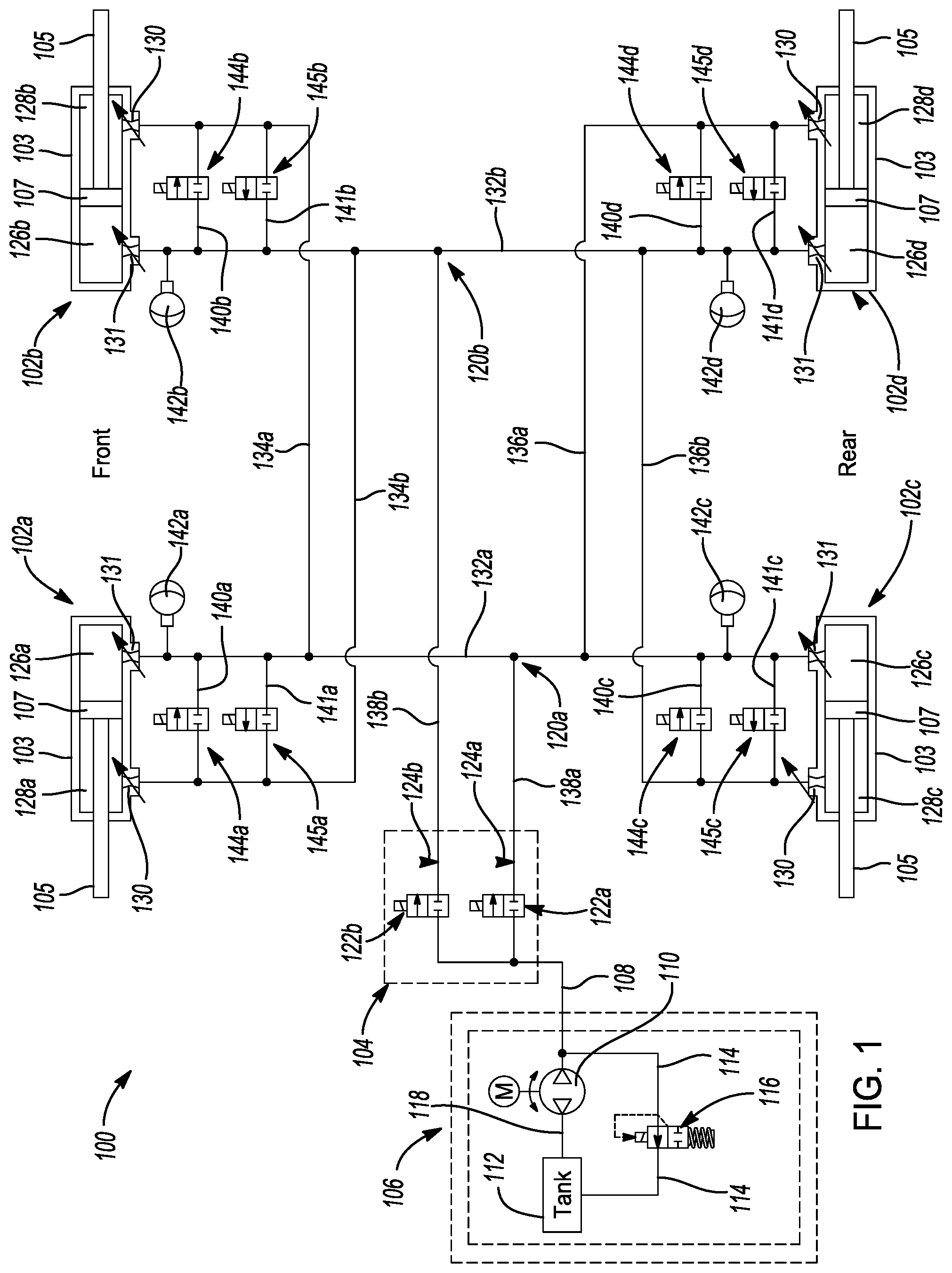 Patent US12304270 Figure 1 – Vehicle suspension system with one or more frequency dependent roll stiffness valves