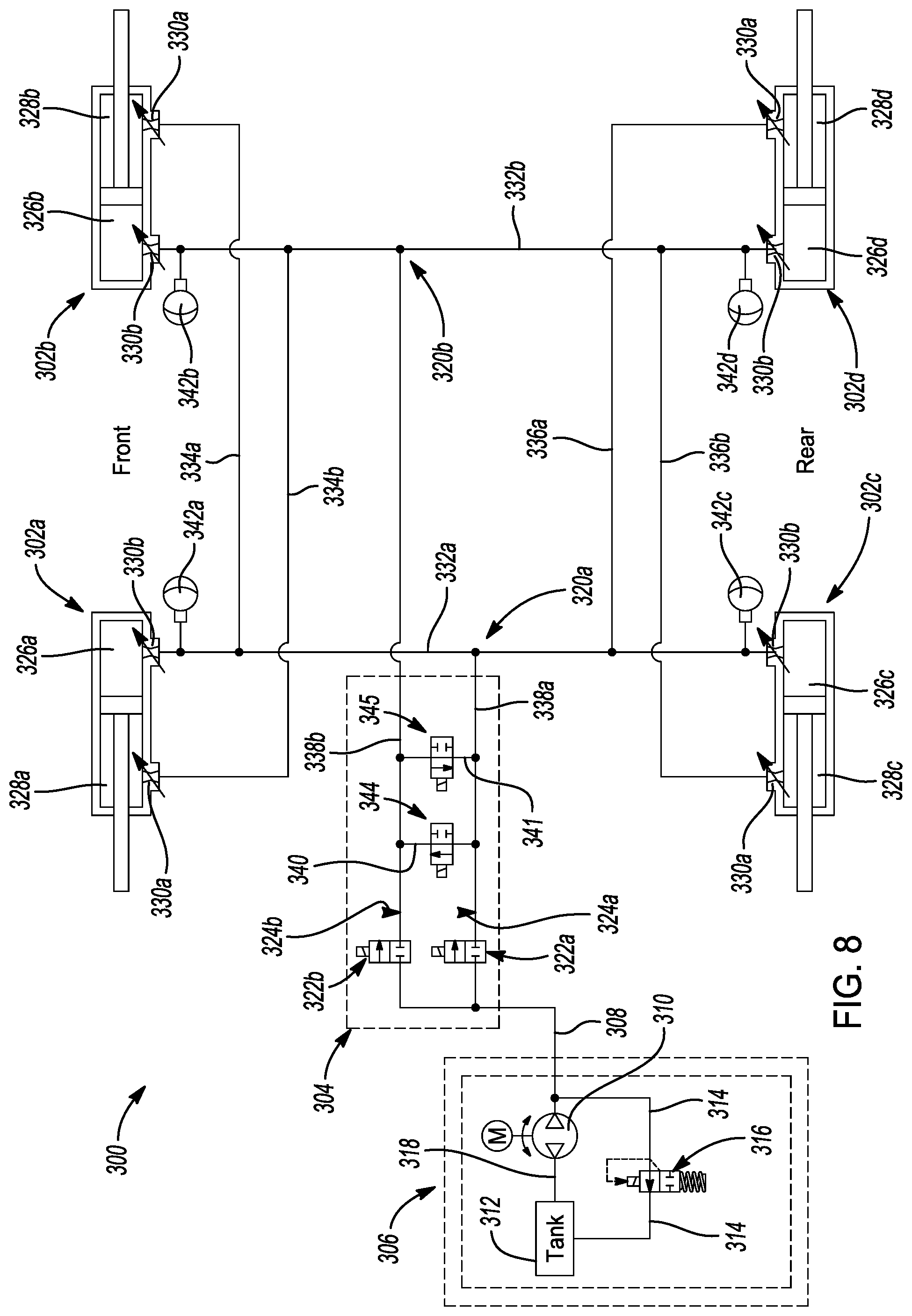 Patent US12304270 Figure 8 – Vehicle suspension system with one or more frequency dependent roll stiffness valves