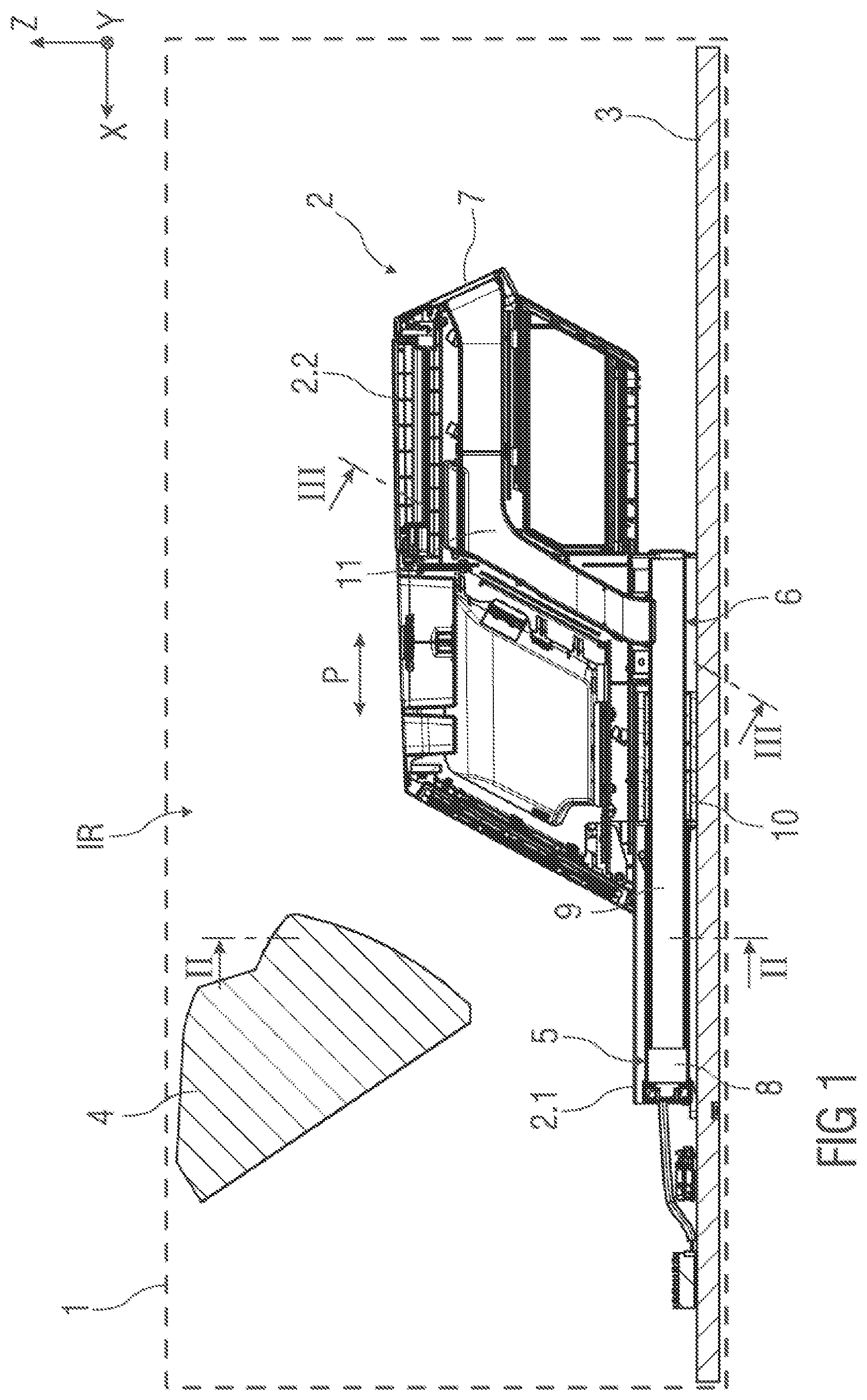 Patent US12304276 Figure 1 – Slidable central console unit with air outlets connected to telescopic air duct