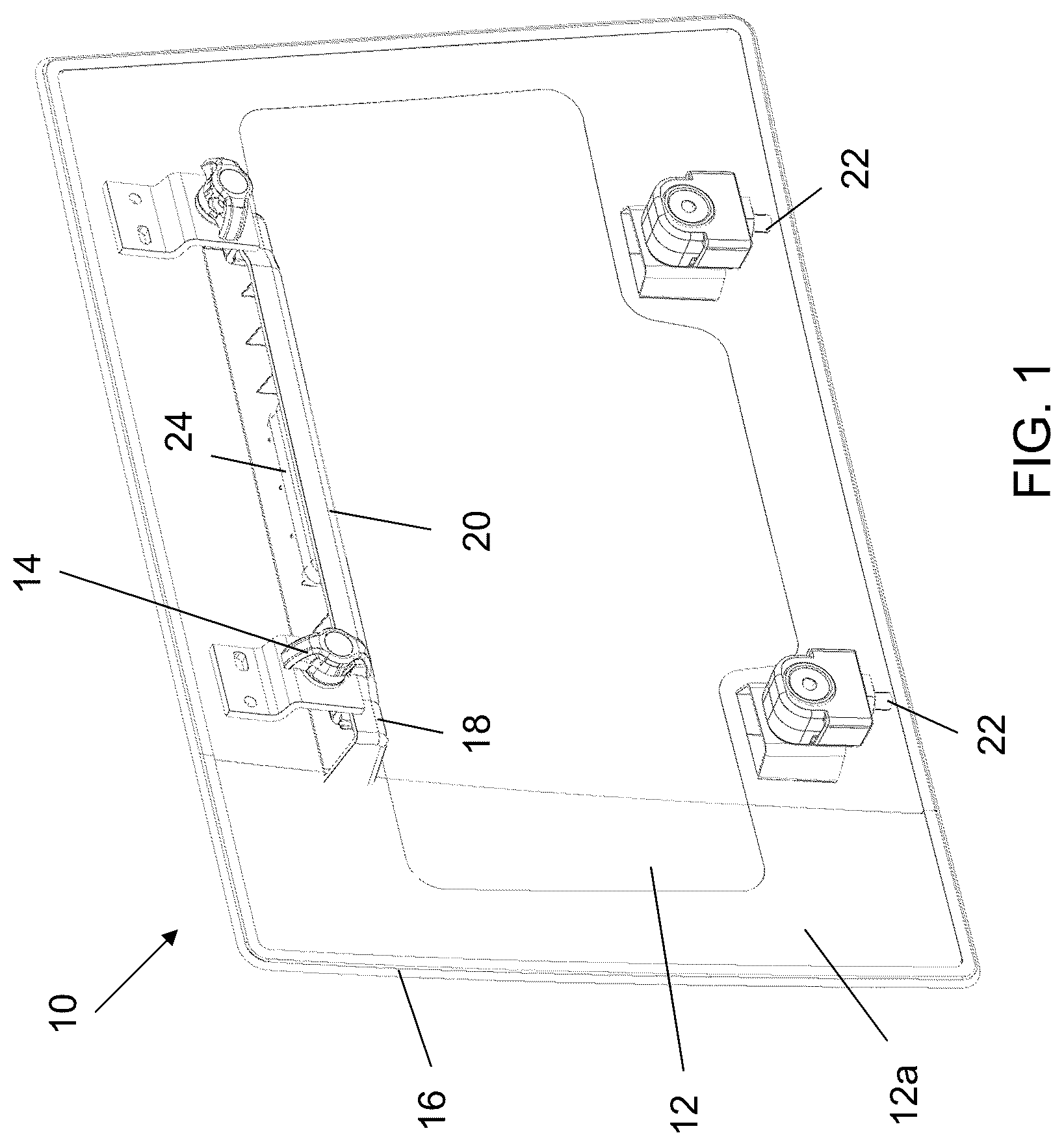 Patent US12304286 Figure 1 – Removable vehicular window panel with integrated latching element and carrying handle