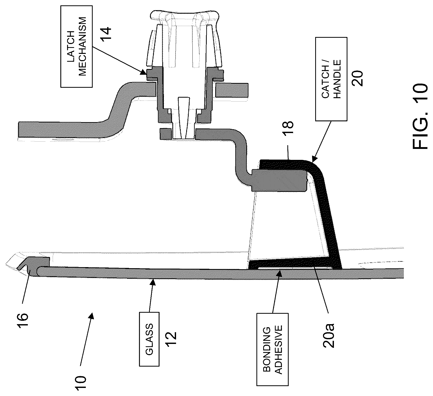 Patent US12304286 Figure 8 – Removable vehicular window panel with integrated latching element and carrying handle