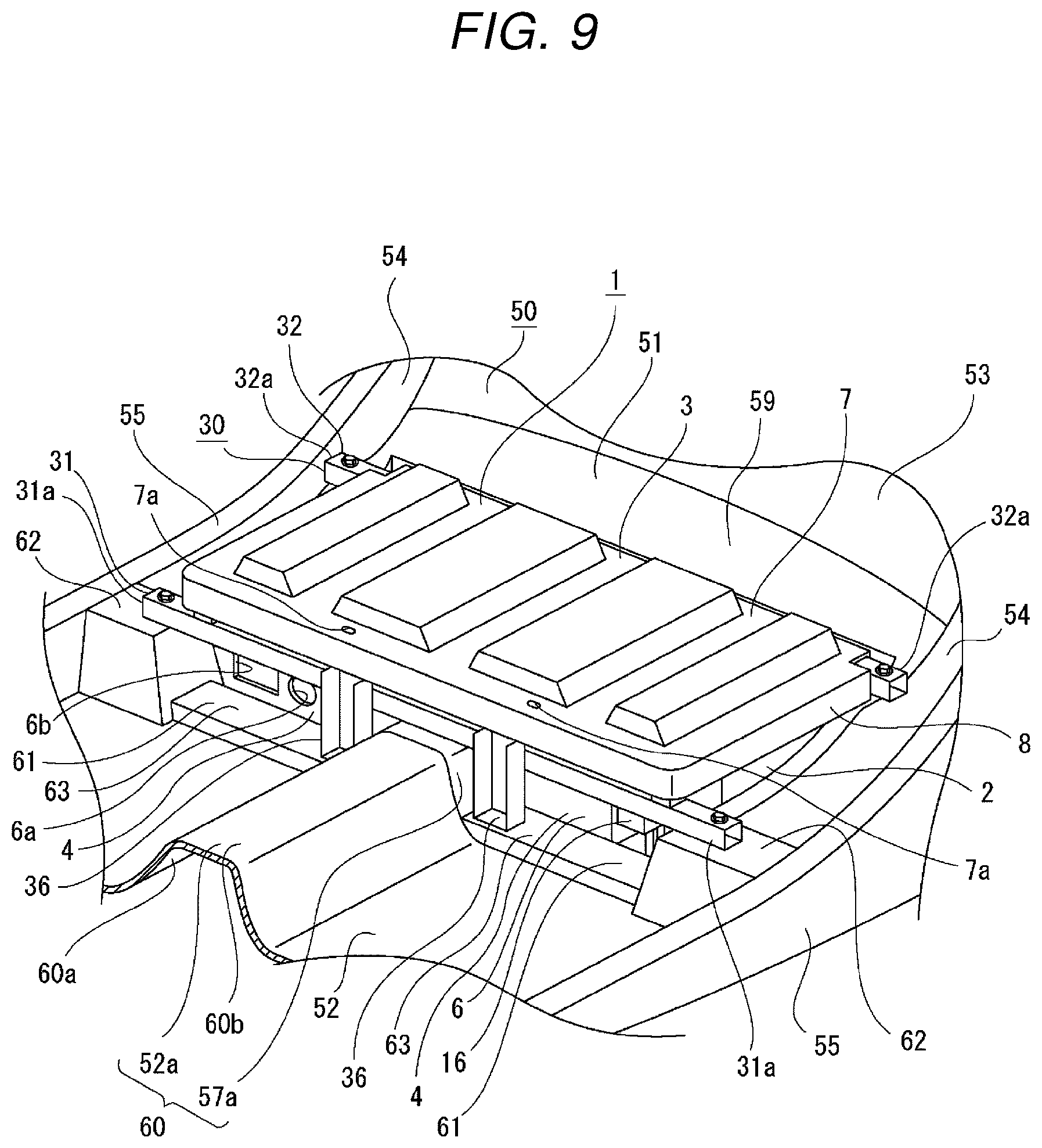 Patent US12304294 Figure 9 – In-vehicle battery attachment structure