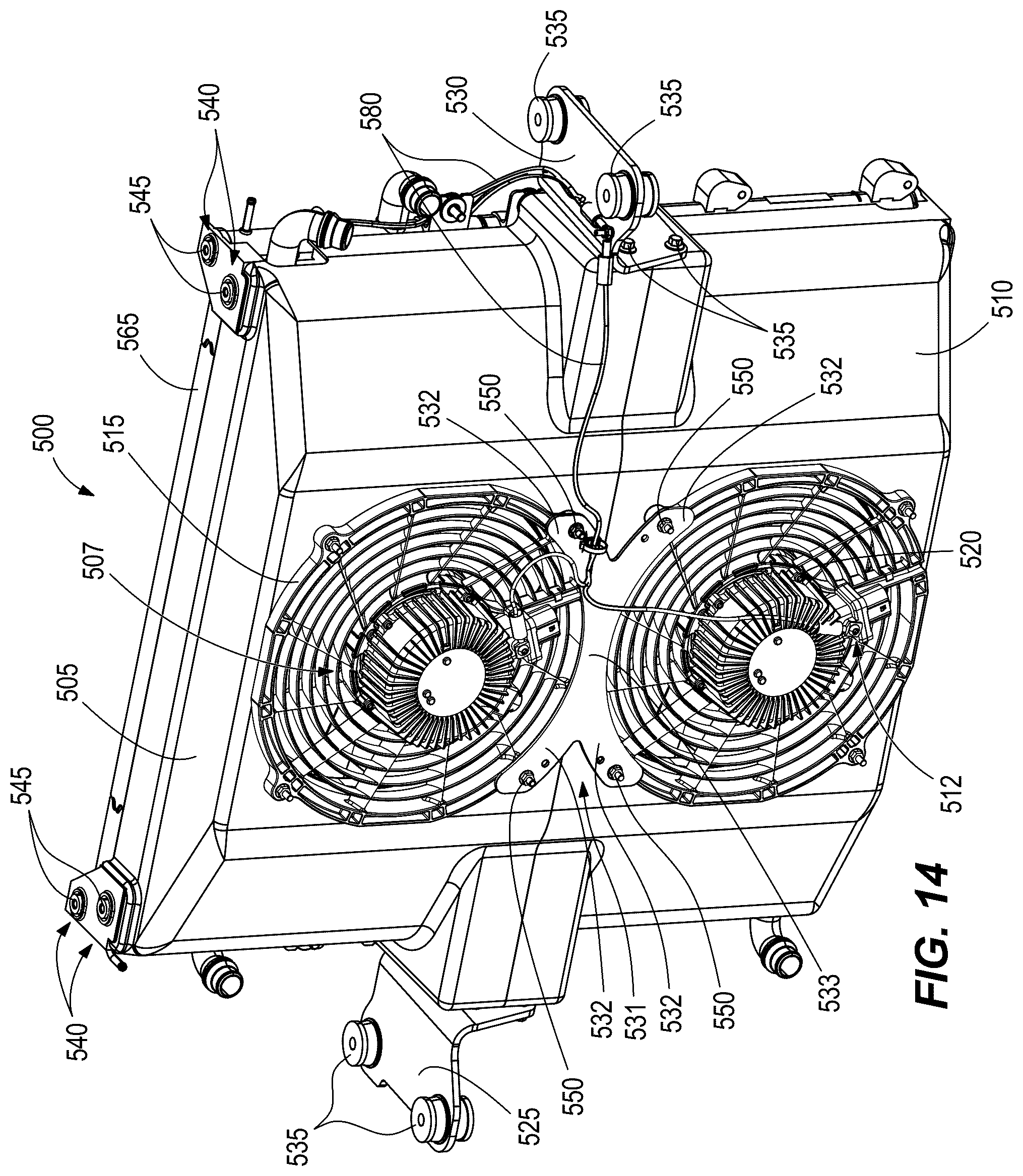 Patent US12304299 Figure 13 – Fan shroud, mounting bracket, and pin mount