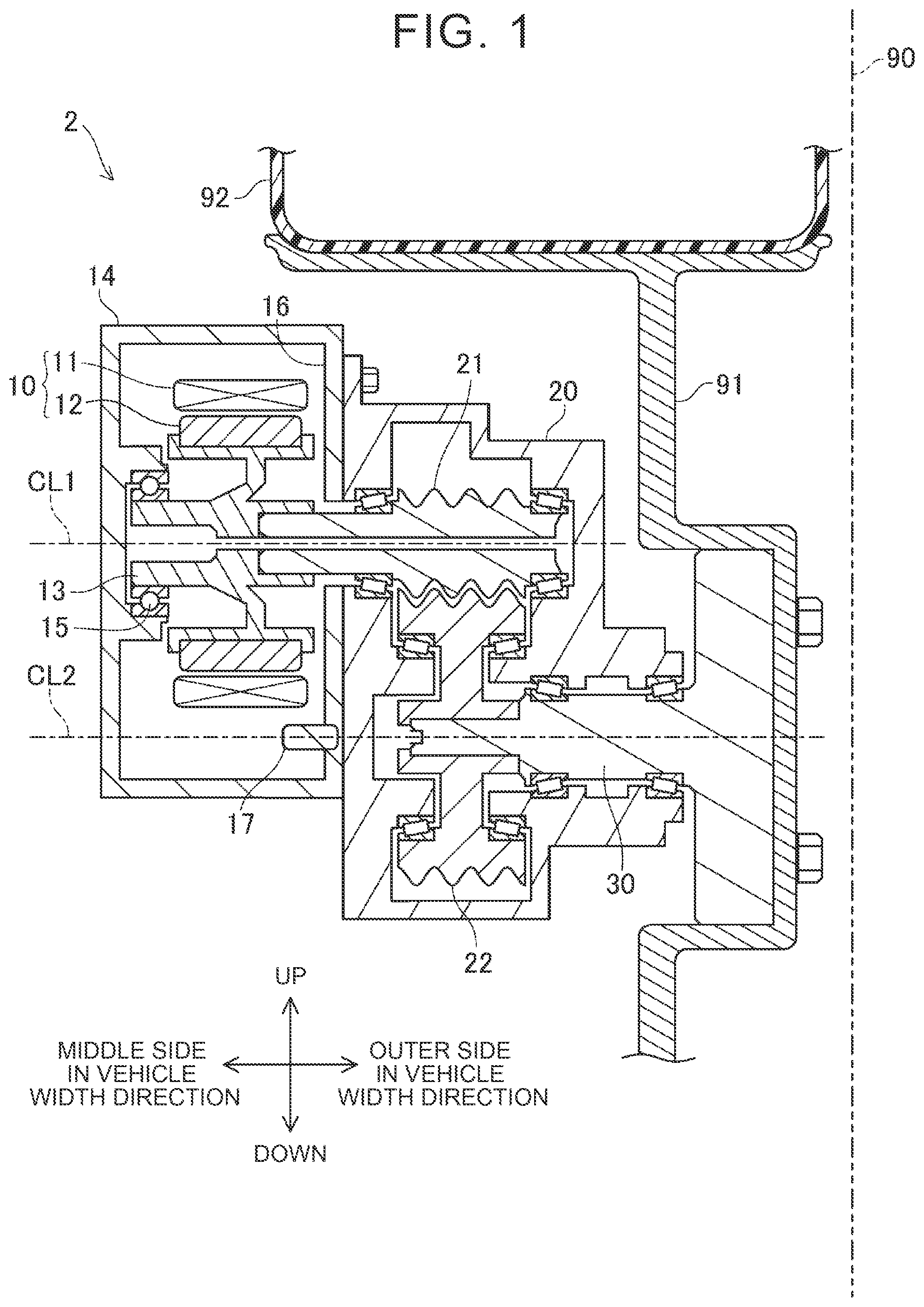 Patent US12304301 Figure 1 – In-wheel motor drive device mounted on motor vehicle