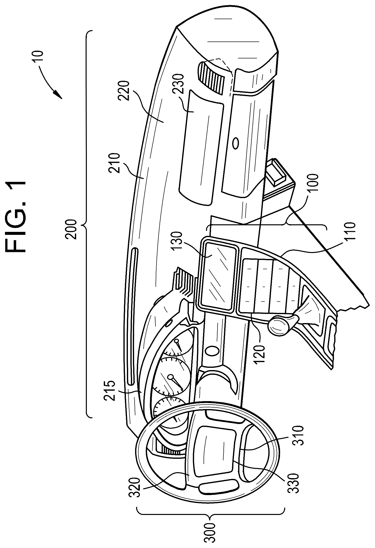 Patent US12304313 Figure 1 – Light guide-based deadfront for display, related methods and vehicle interior systems
