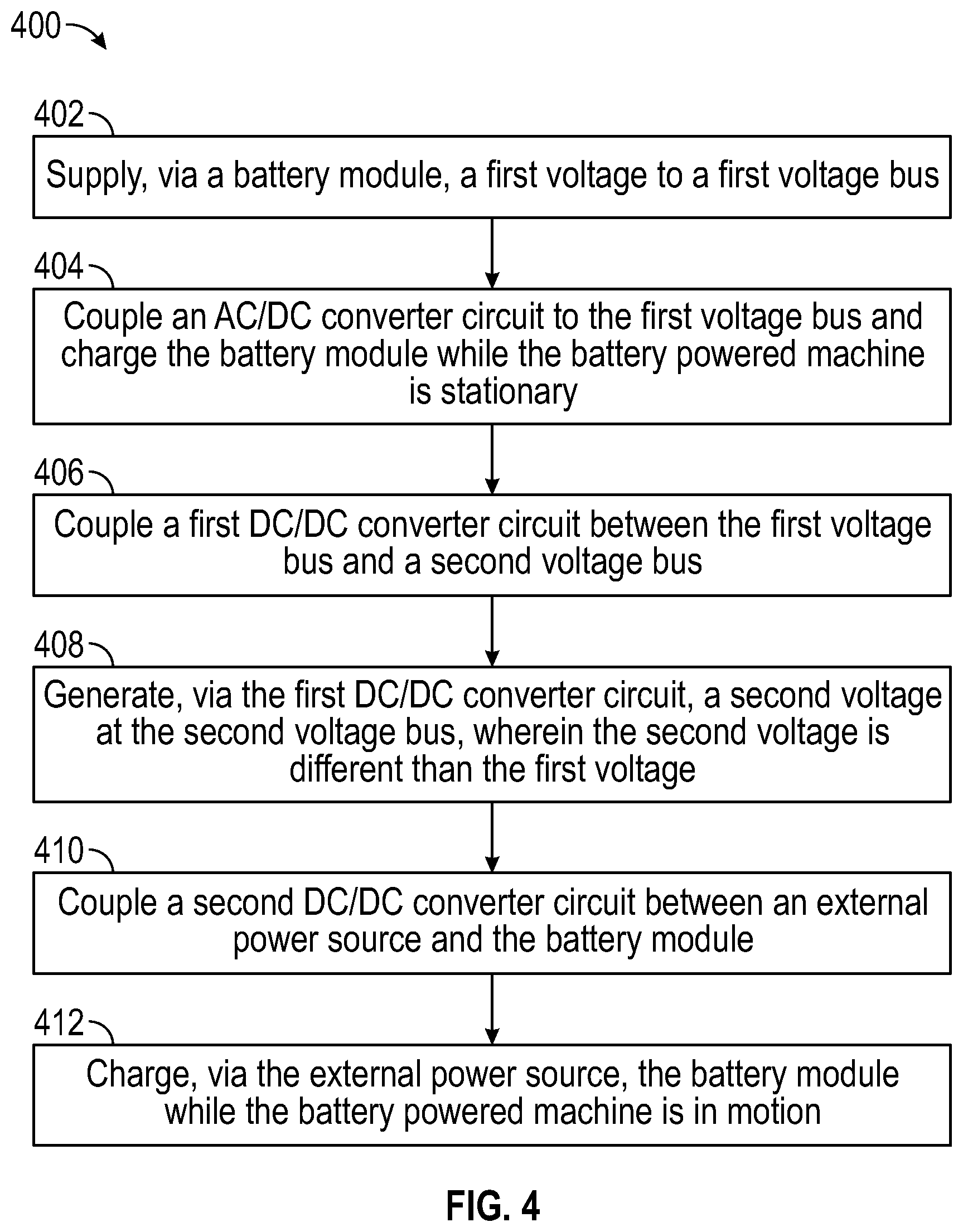 Patent US12304329 Figure 4 – Electrical architecture for battery powered machine