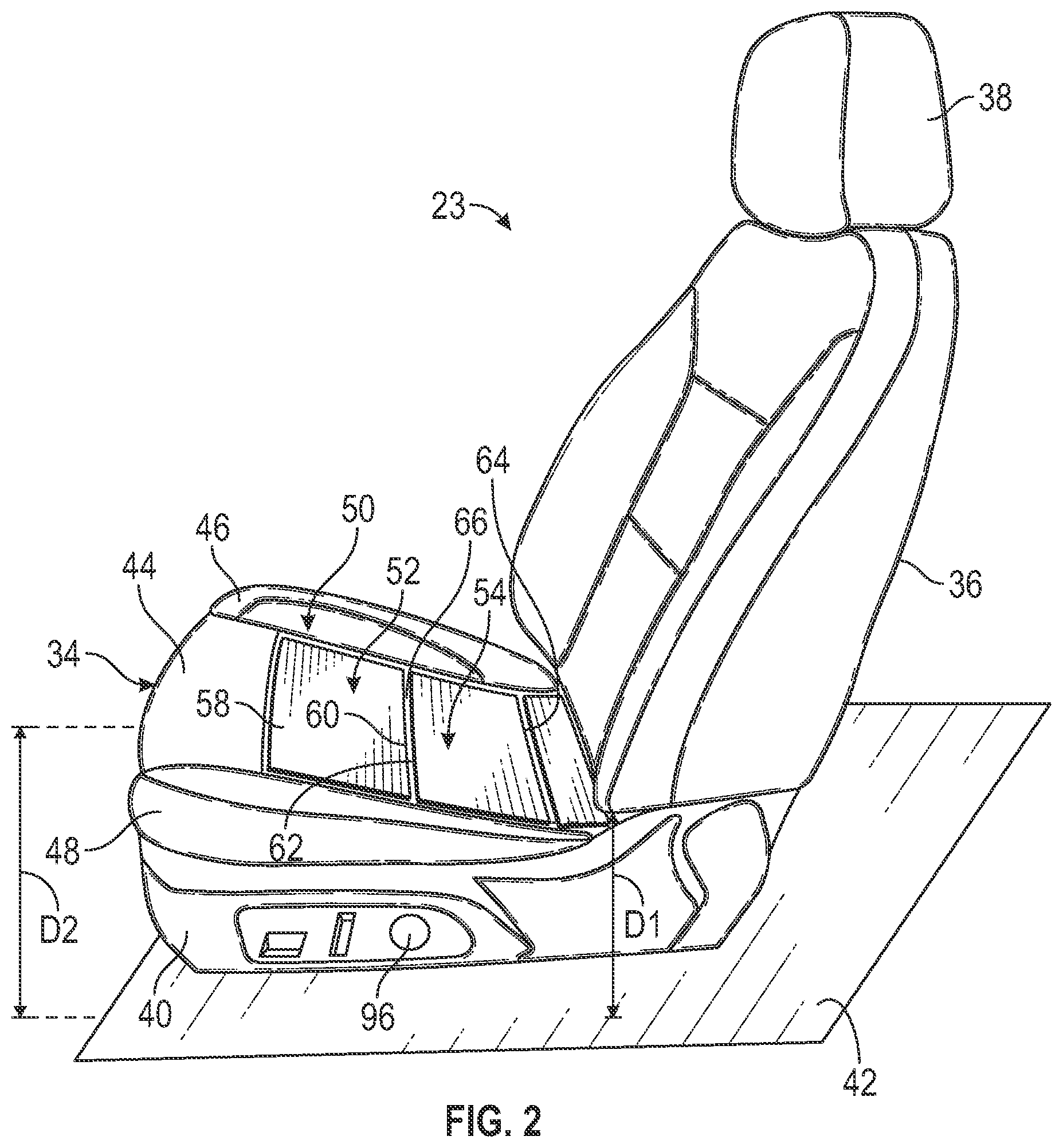 Patent US12304359 Figure 2 – Vehicle seat having a seat base including an adjustable center support