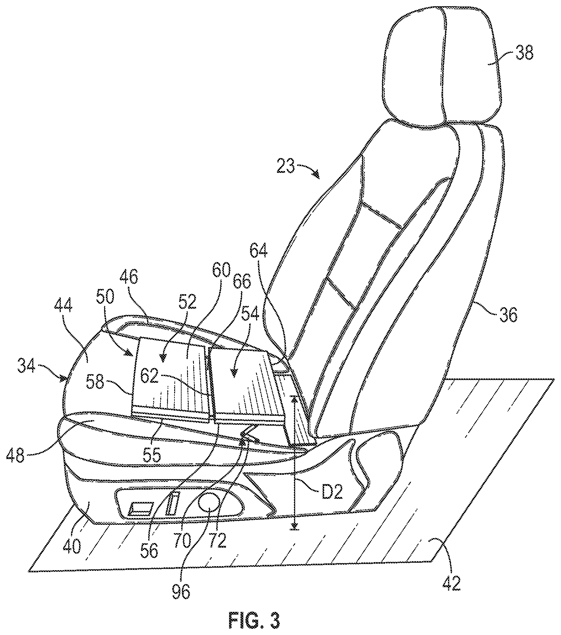 Patent US12304359 Figure 3 – Vehicle seat having a seat base including an adjustable center support