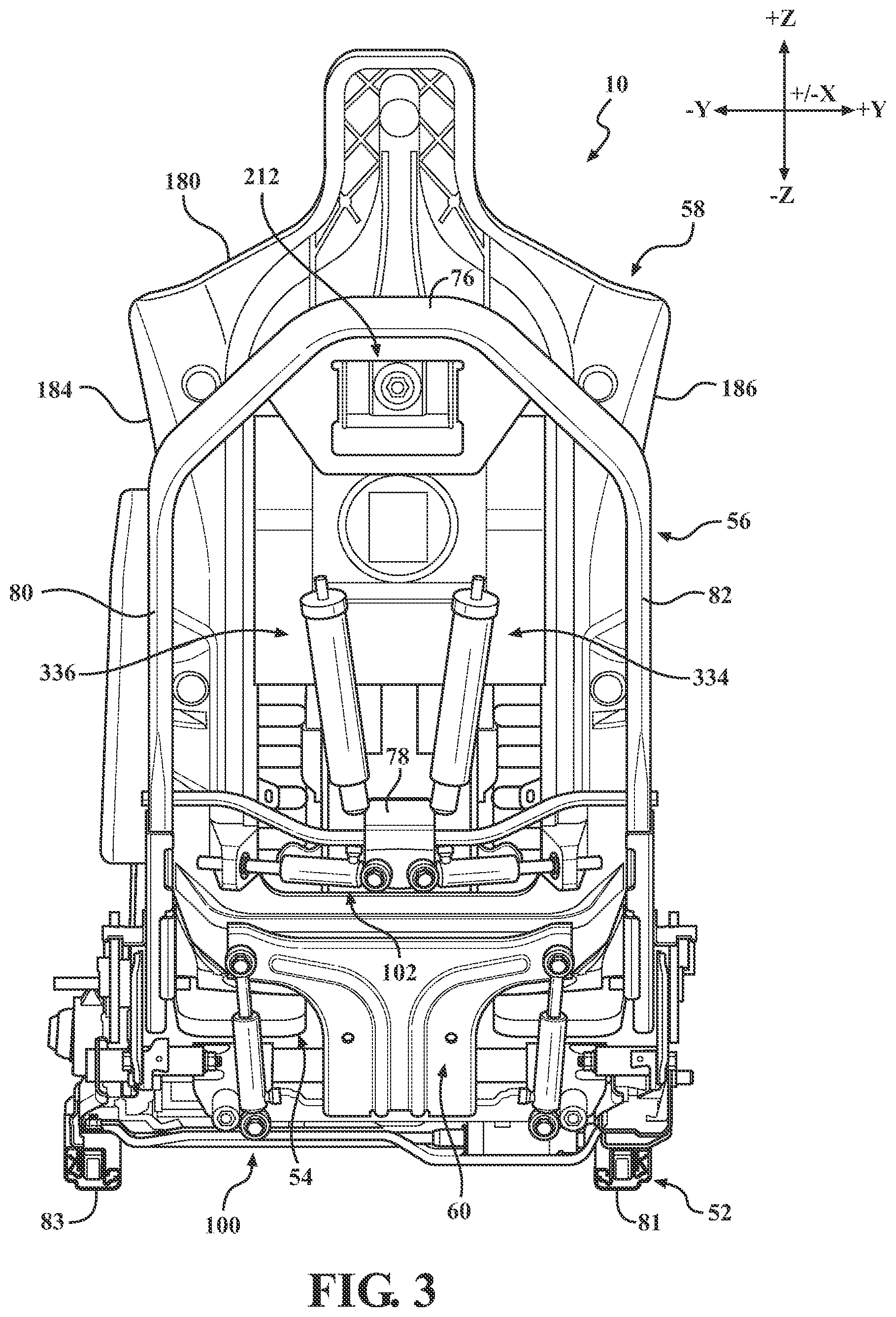 Patent US12304369 Figure 3 – Kinetic seat assemblies having dampers for fixed components and movable components including lateral damping mechanisms and fluid reservoirs