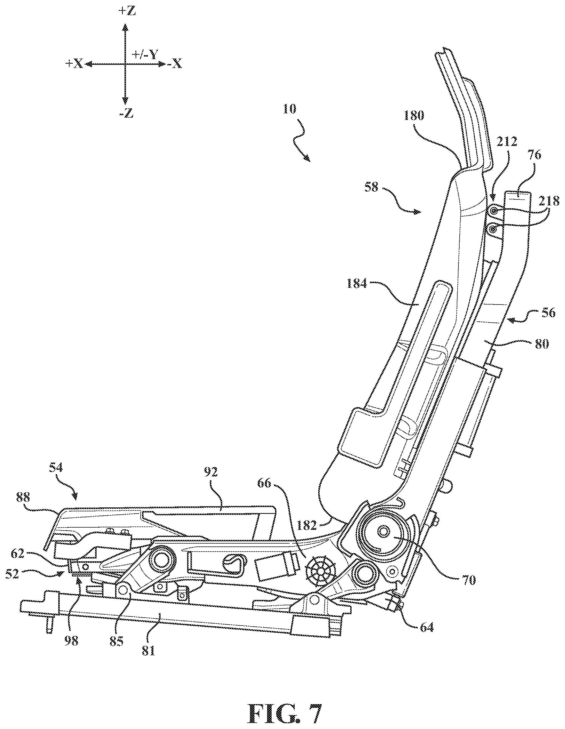 Patent US12304369 Figure 7 – Kinetic seat assemblies having dampers for fixed components and movable components including lateral damping mechanisms and fluid reservoirs