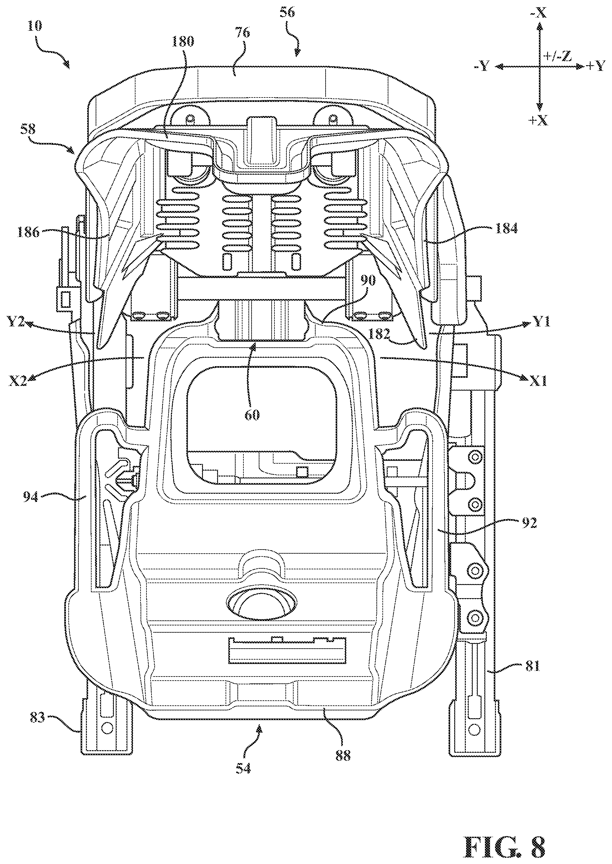 Patent US12304369 Figure 8 – Kinetic seat assemblies having dampers for fixed components and movable components including lateral damping mechanisms and fluid reservoirs