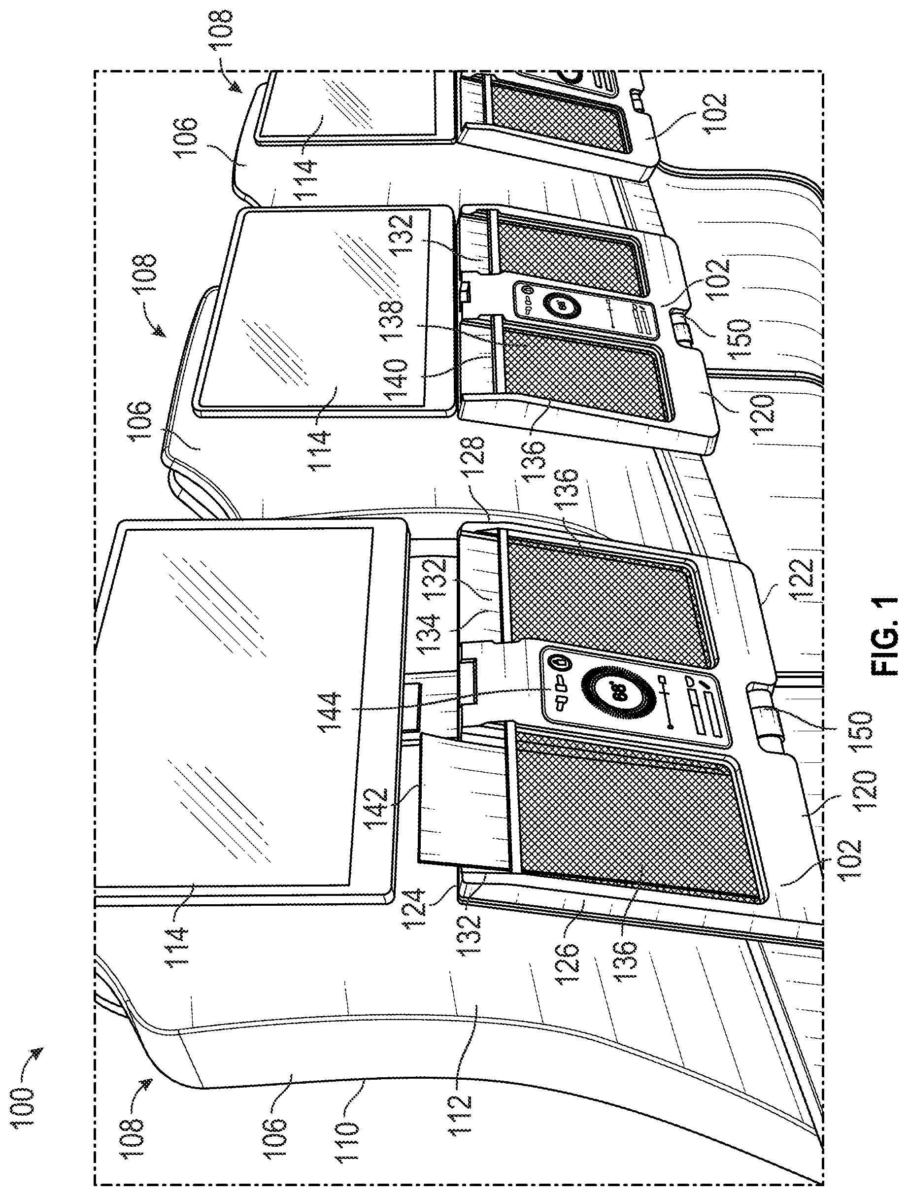 Patent US12304374 Figure 1 – Tray table with amenities for a passenger seat