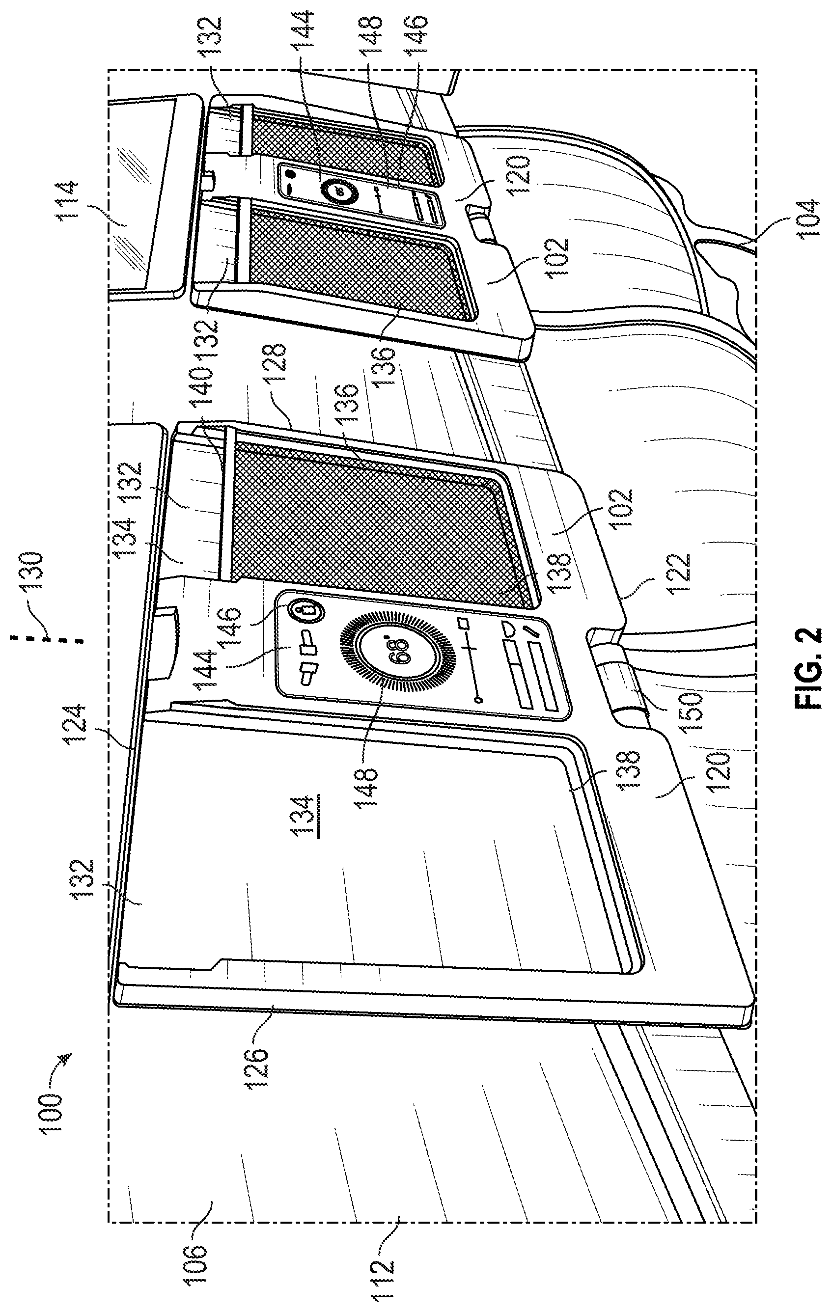 Patent US12304374 Figure 2 – Tray table with amenities for a passenger seat