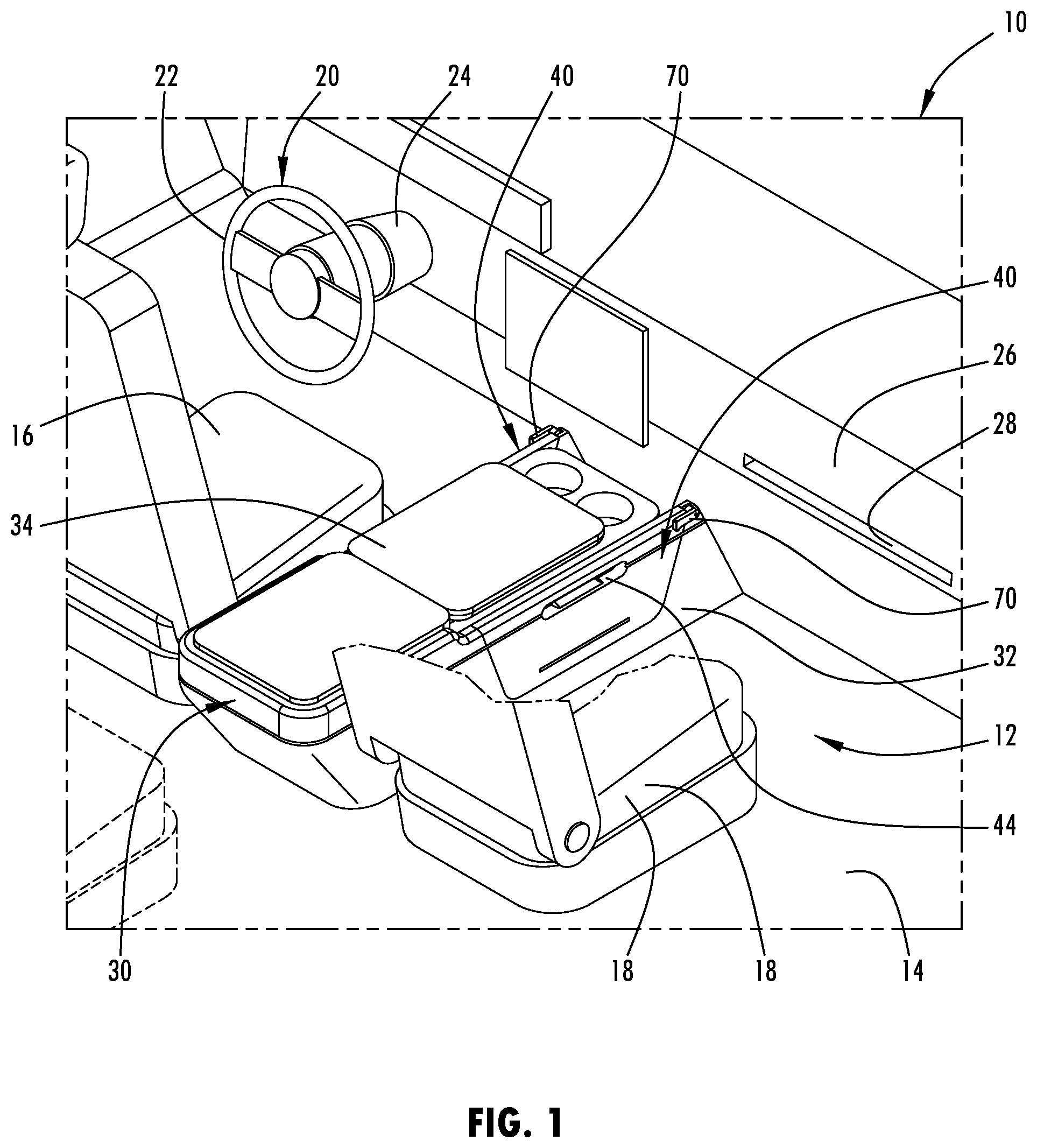 Patent US12304375 Figure 1 – Vehicle having deployable tray for use on a steering wheel