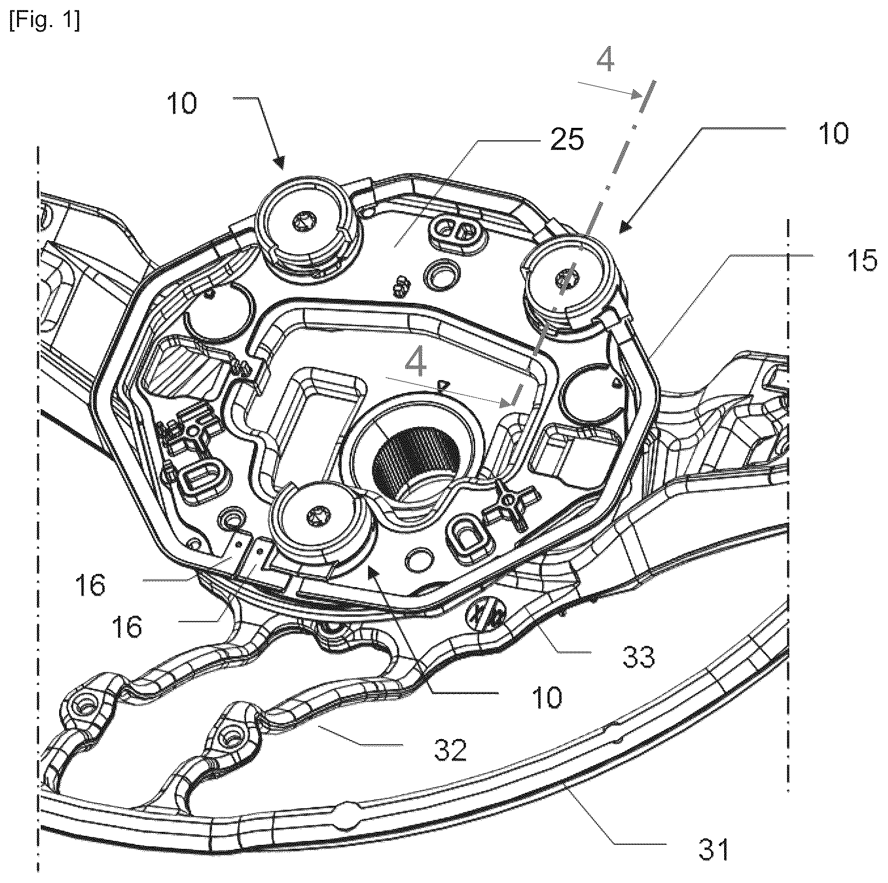 Patent US12304387 Figure 1 – Vehicle steering wheel mounted acoustic warning device having normally closed contacts