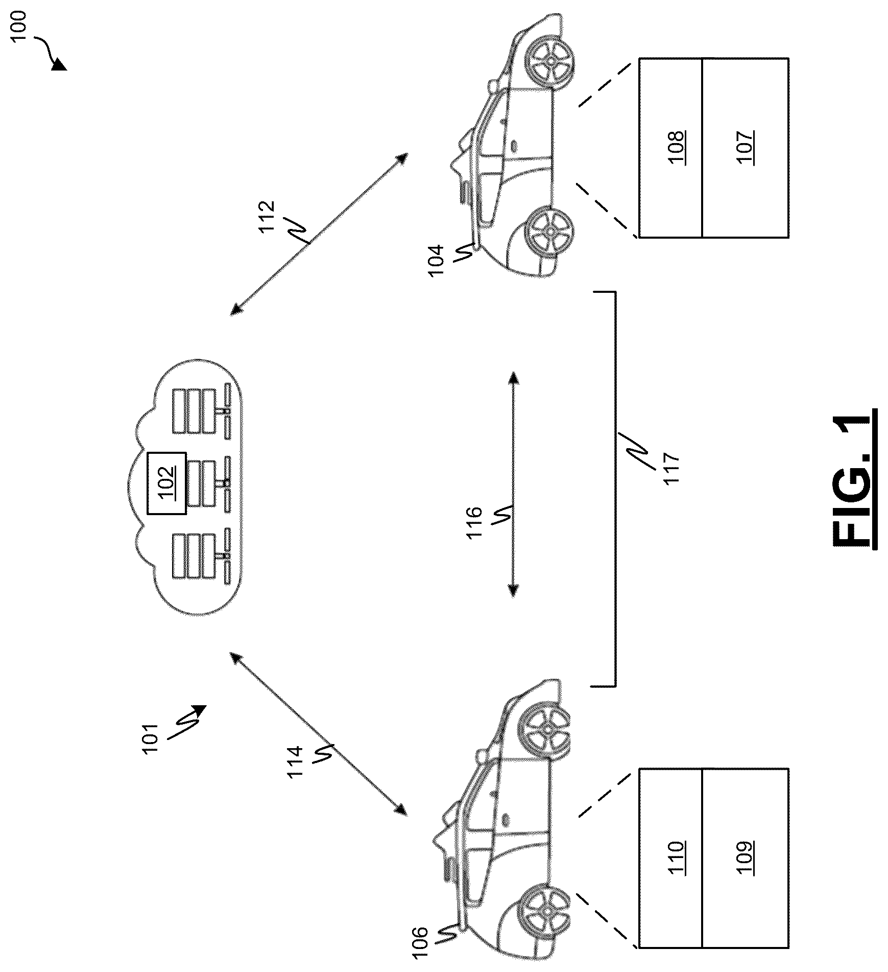 Patent US12304389 Figure 1 – Vehicle cut-in threat detection and mitigation between a leader and follower platoon