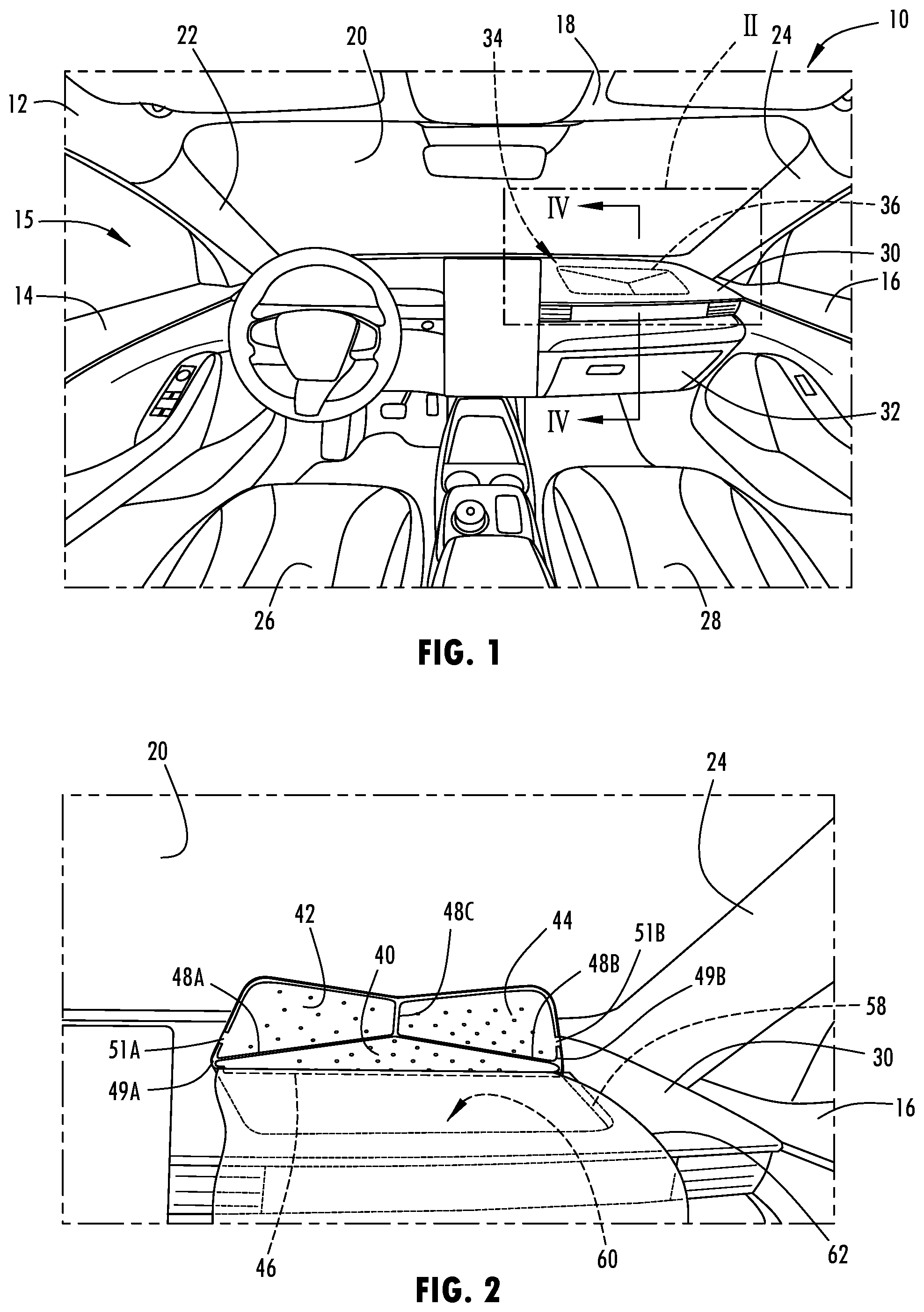 Patent US12304414 Figure 1 – Vehicle instrument panel and foldable airbag deployment door