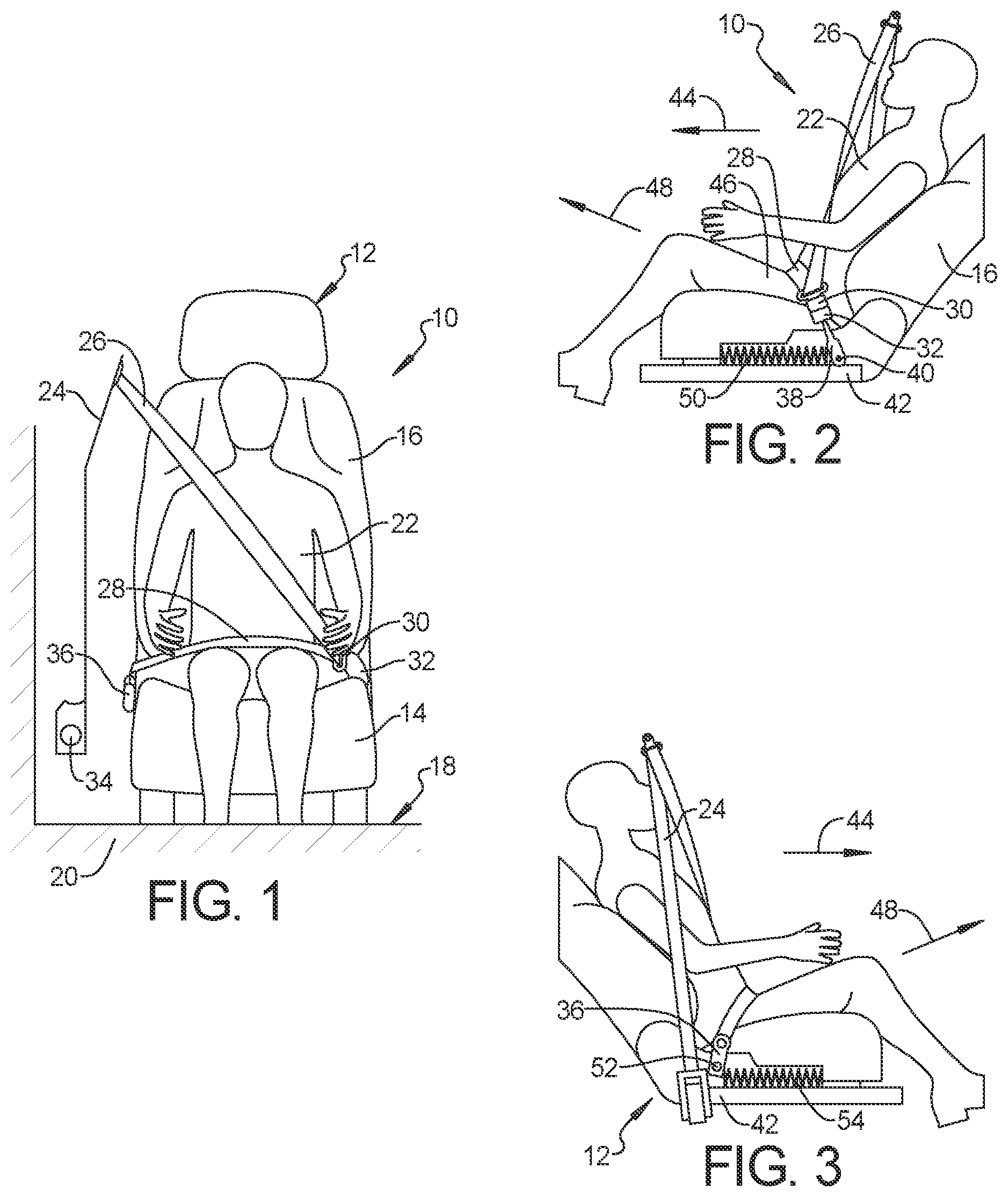 Patent US12304419 Figure 1 – Seatbelt anchorage with energy absorption for frontal impact protection