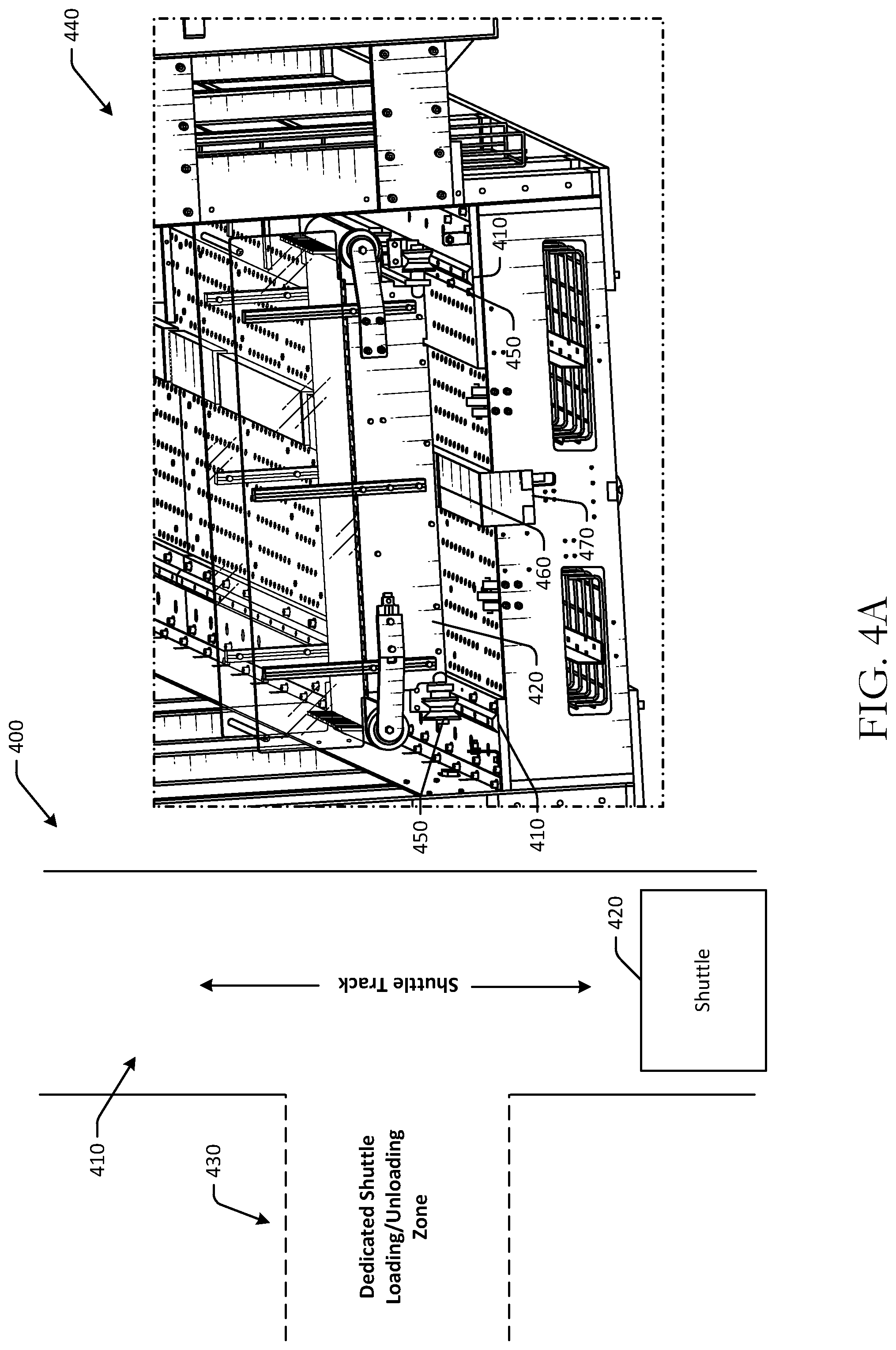 Patent US12304533 Figure 4 – Removal and replacement of container shuttles from rail tracks