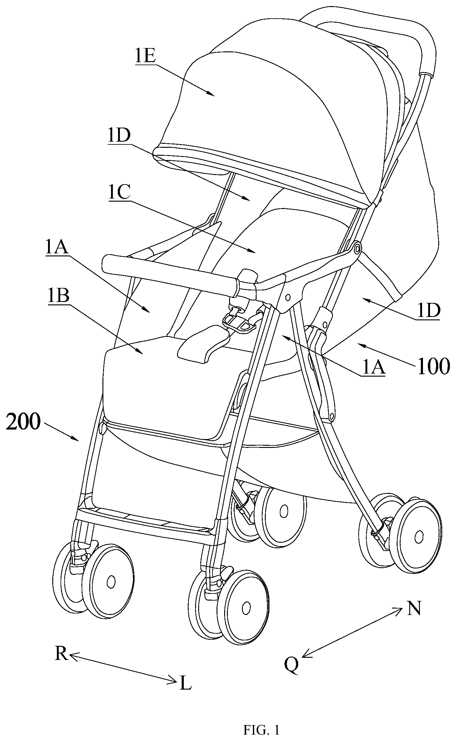 Patent US12304548 Figure 1 – Baby stroller and lateral seat cover portion thereof