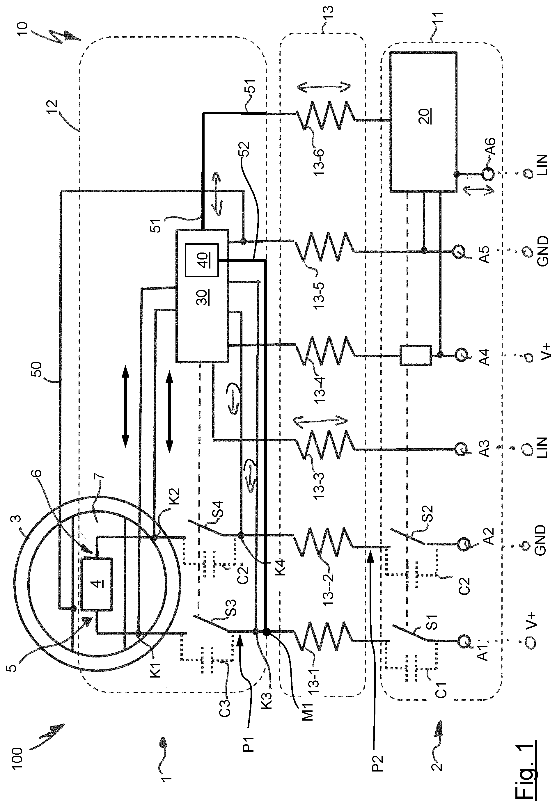 Patent US12304552 Figure 1 – Combined capacitive sensor and heating apparatus, method for operating a sensor and heating apparatus, steering input apparatus assembly having a sensor and heating apparatus, and vehicle having a steering input apparatus assembly