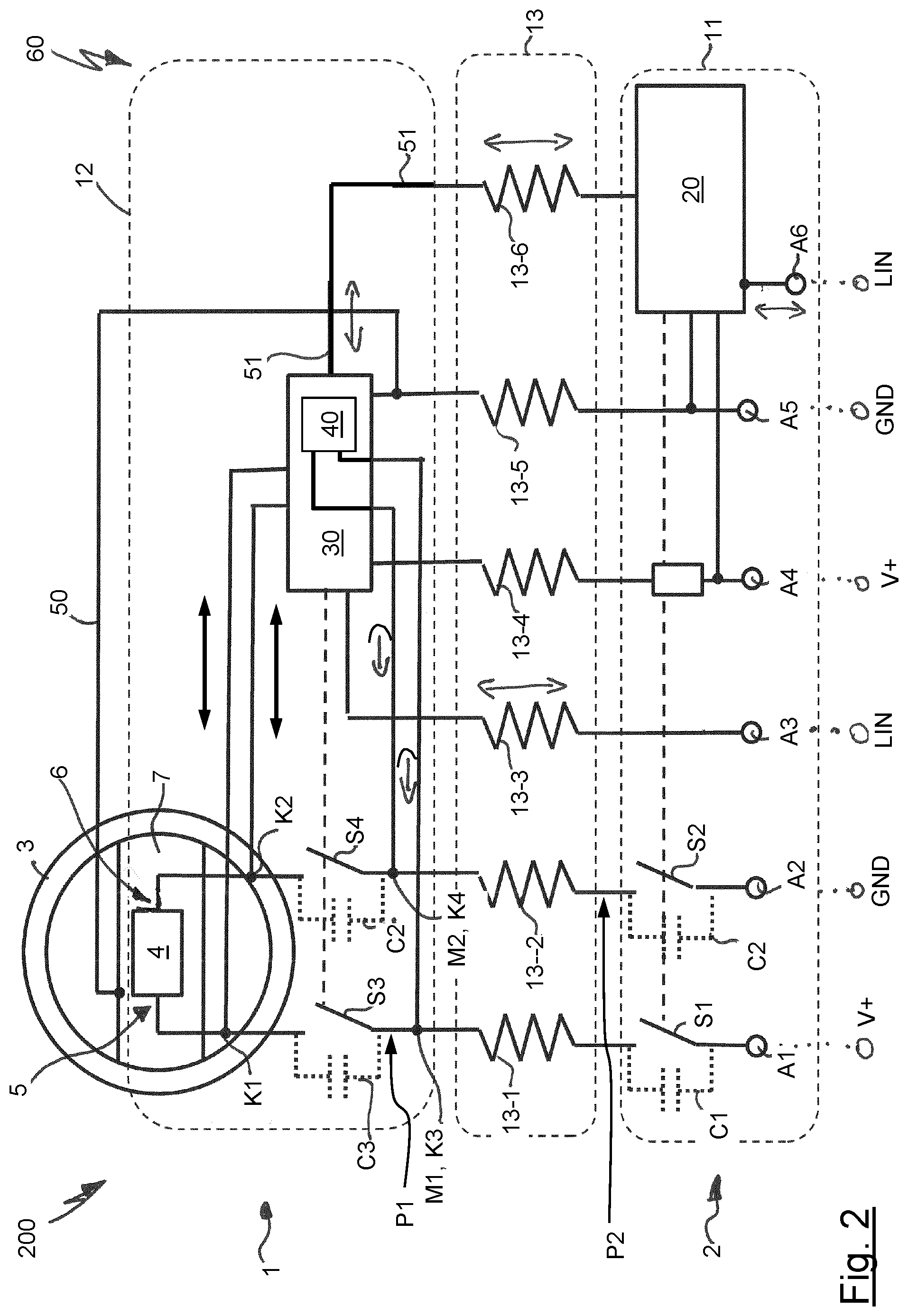 Patent US12304552 Figure 2 – Combined capacitive sensor and heating apparatus, method for operating a sensor and heating apparatus, steering input apparatus assembly having a sensor and heating apparatus, and vehicle having a steering input apparatus assembly