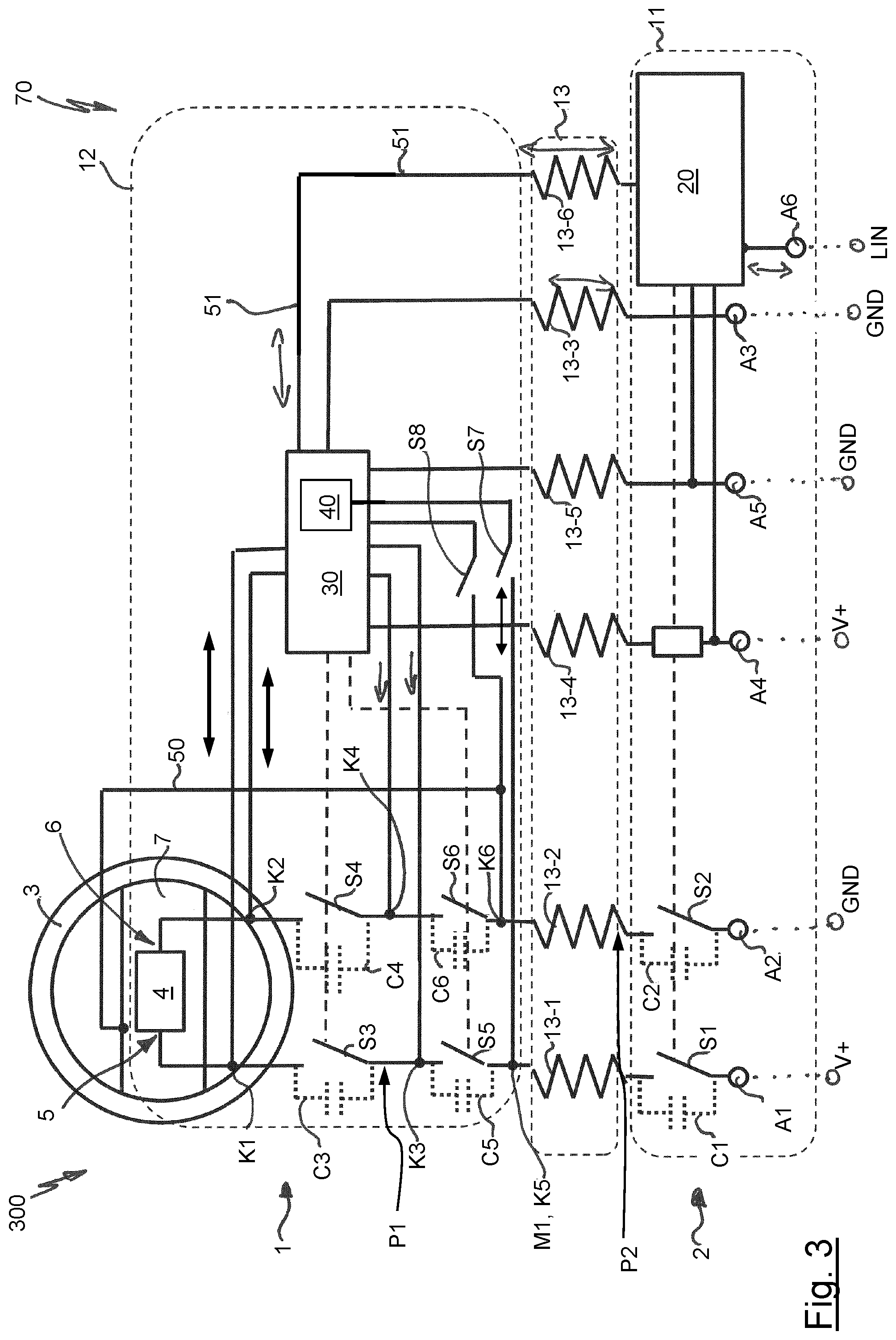 Patent US12304552 Figure 3 – Combined capacitive sensor and heating apparatus, method for operating a sensor and heating apparatus, steering input apparatus assembly having a sensor and heating apparatus, and vehicle having a steering input apparatus assembly