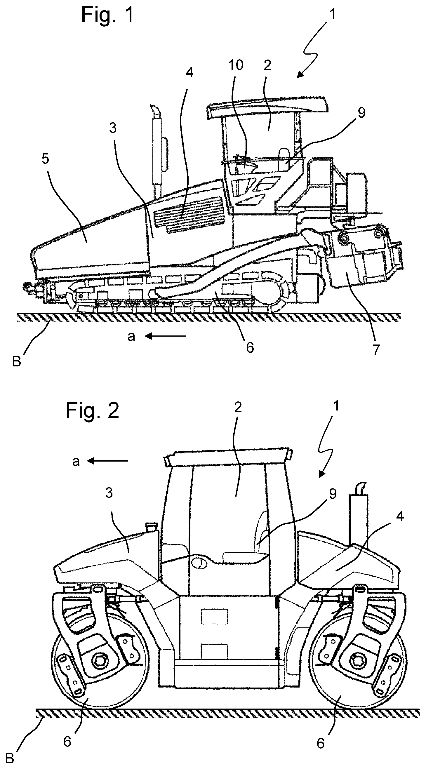 Patent US12304554 Figure 1 – Road construction machine, in particular road paver or tandem roller, for working a ground in a working direction