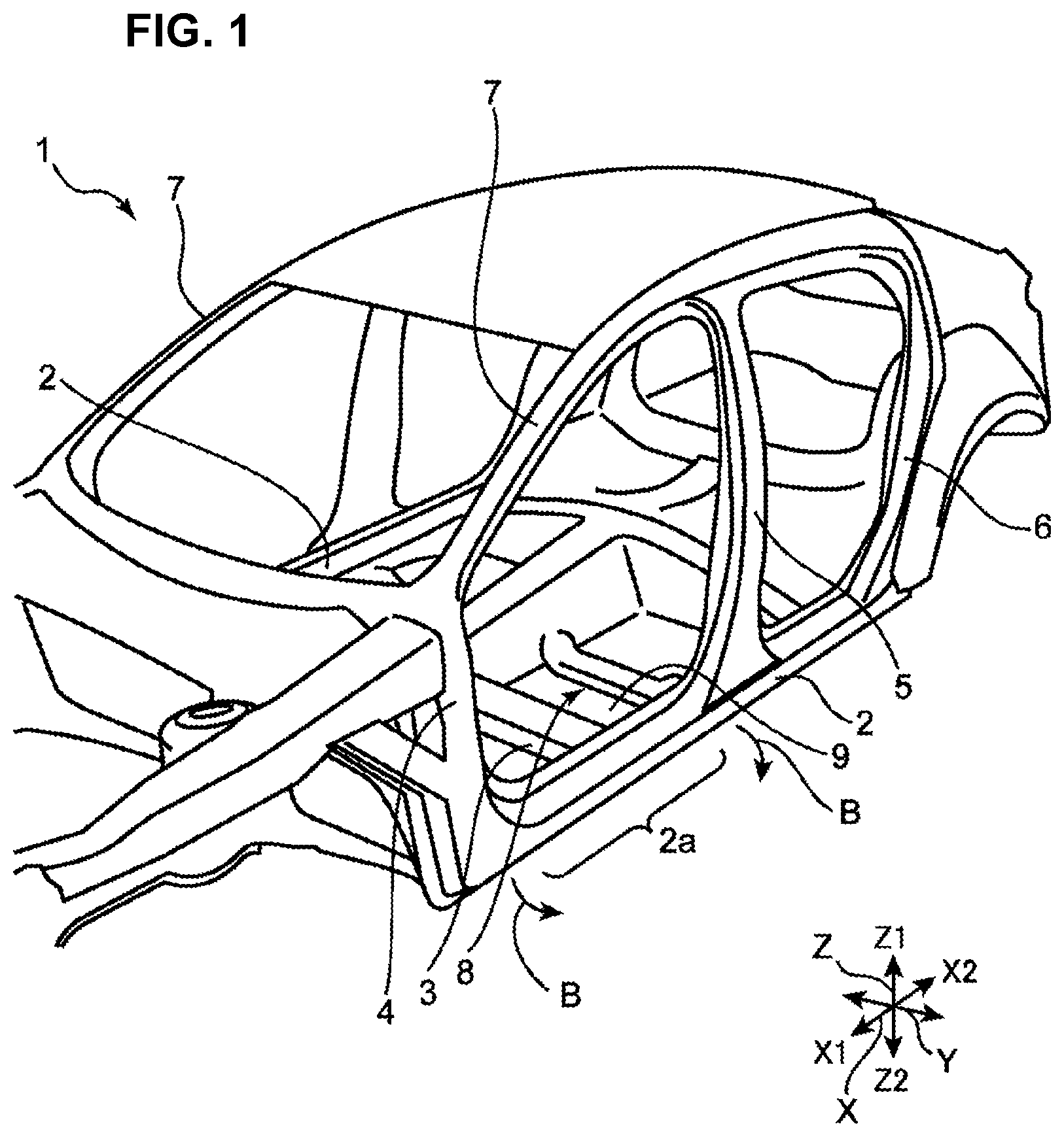 Patent US12304563 Figure 1 – Lower vehicle-body structure of vehicle