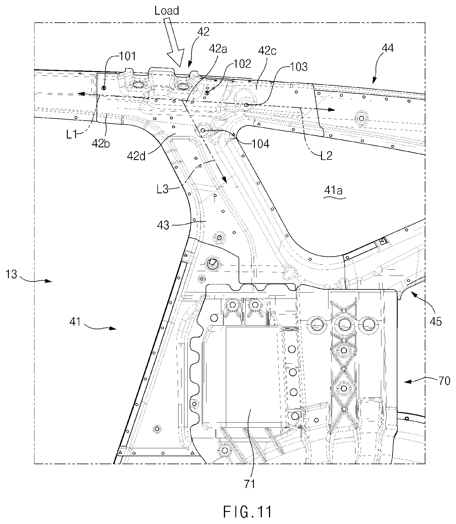 Patent US12304566 Figure 11 – Vehicle body structure