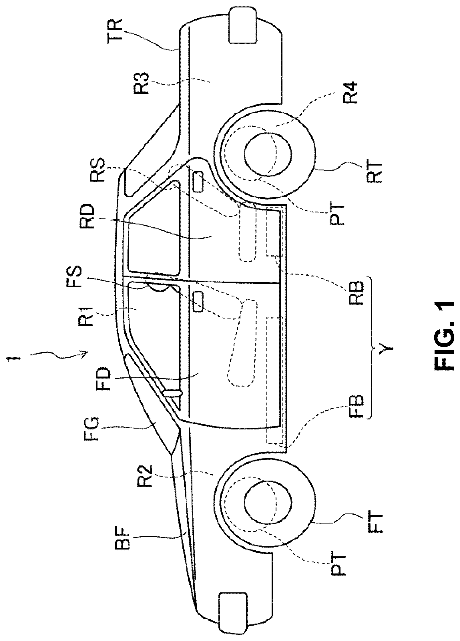 Patent US12304568 Figure 1 – Vehicle-body structure including a center frame with a downward tilt